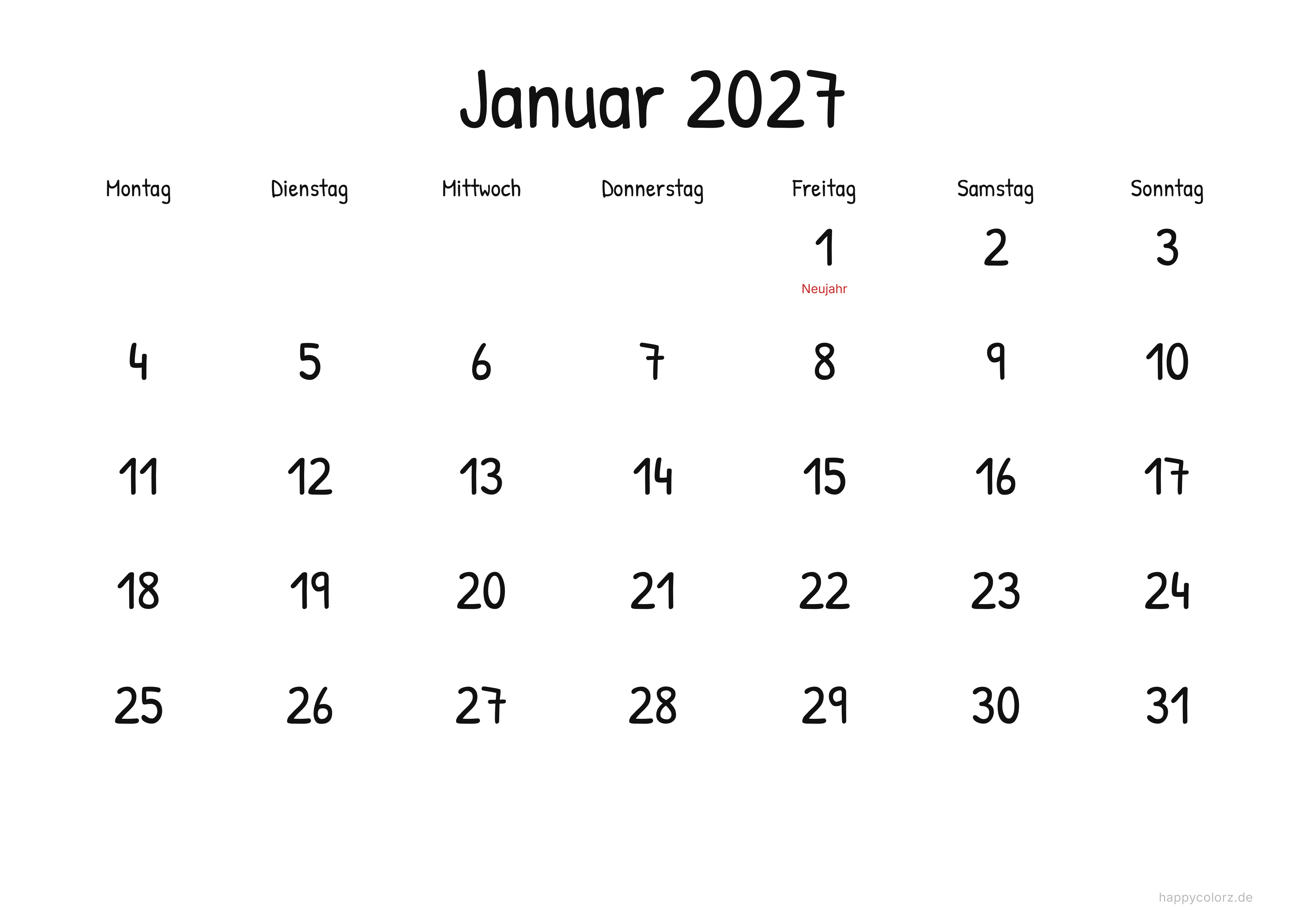 Kalender Januar 2027 Display, Querformat PDF zum Ausdrucken