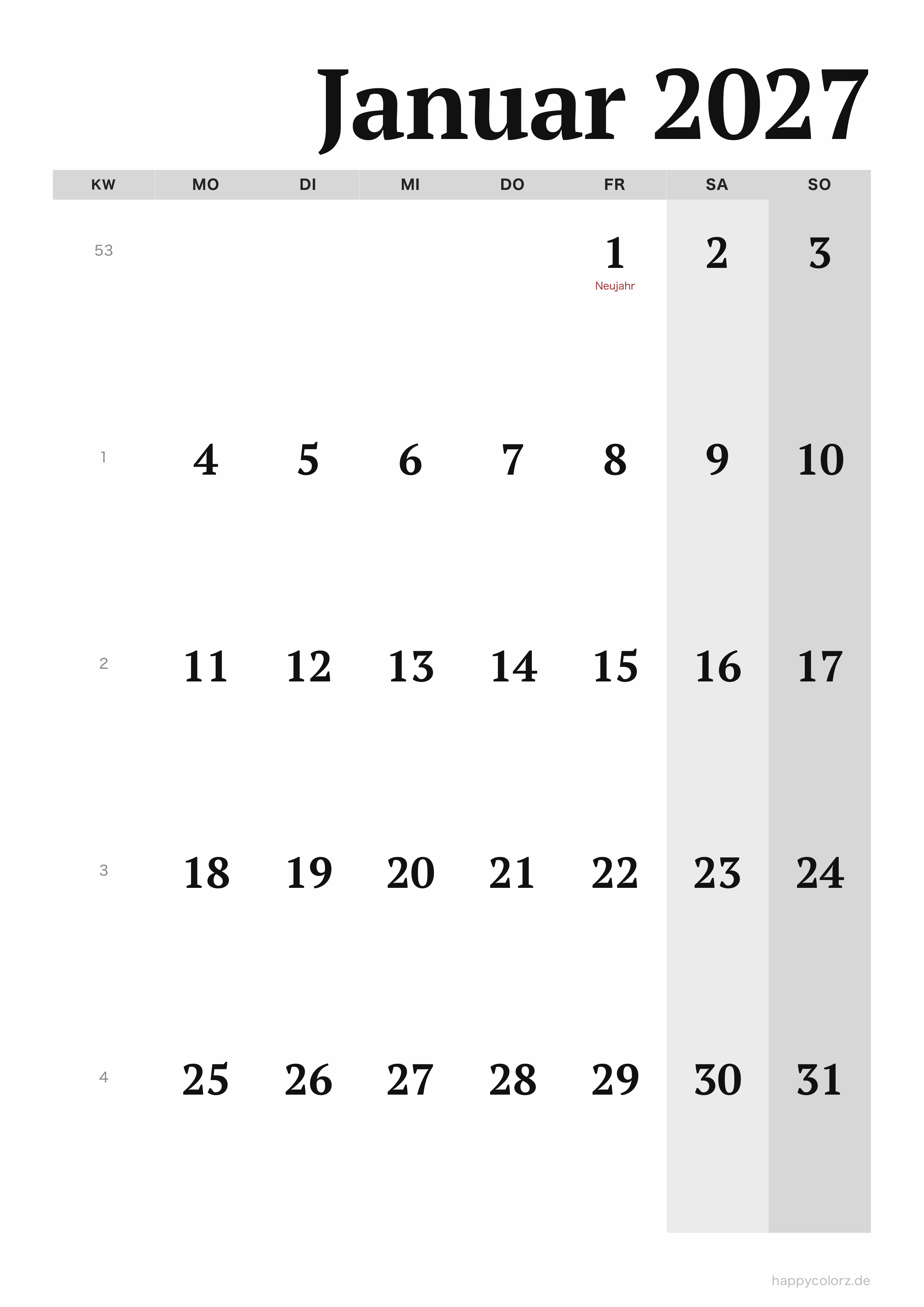 Kalender Januar 2027 Editorial, Hochformat PDF zum Ausdrucken
