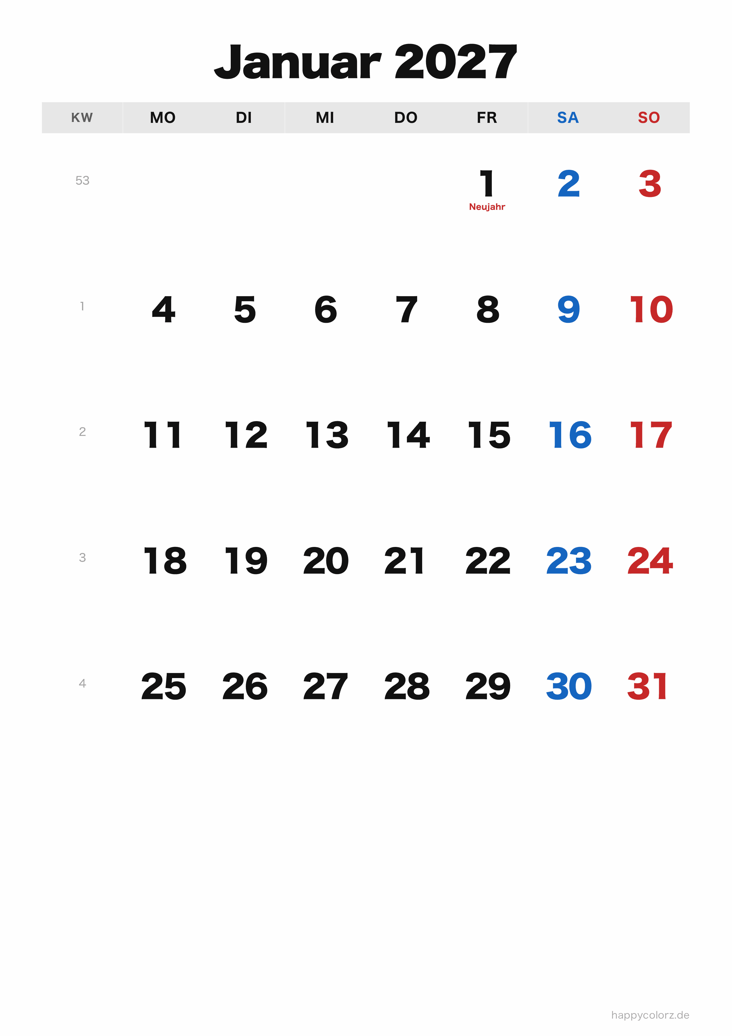 Kalender Januar 2027 klassisch, Hochformat PDF zum Ausdrucken