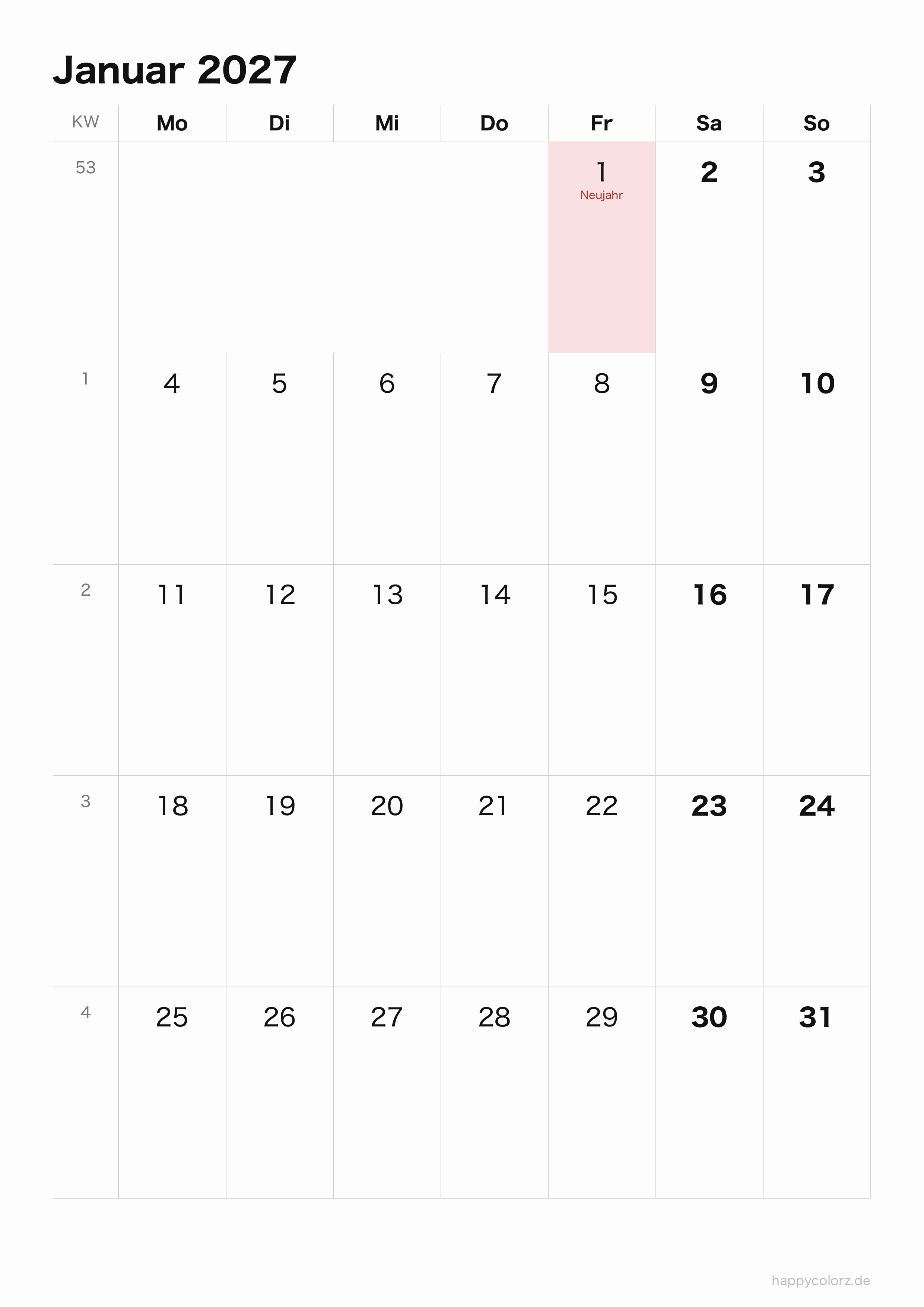 Kalender Januar 2027 klar & minimal, Hochformat PDF zum Ausdrucken