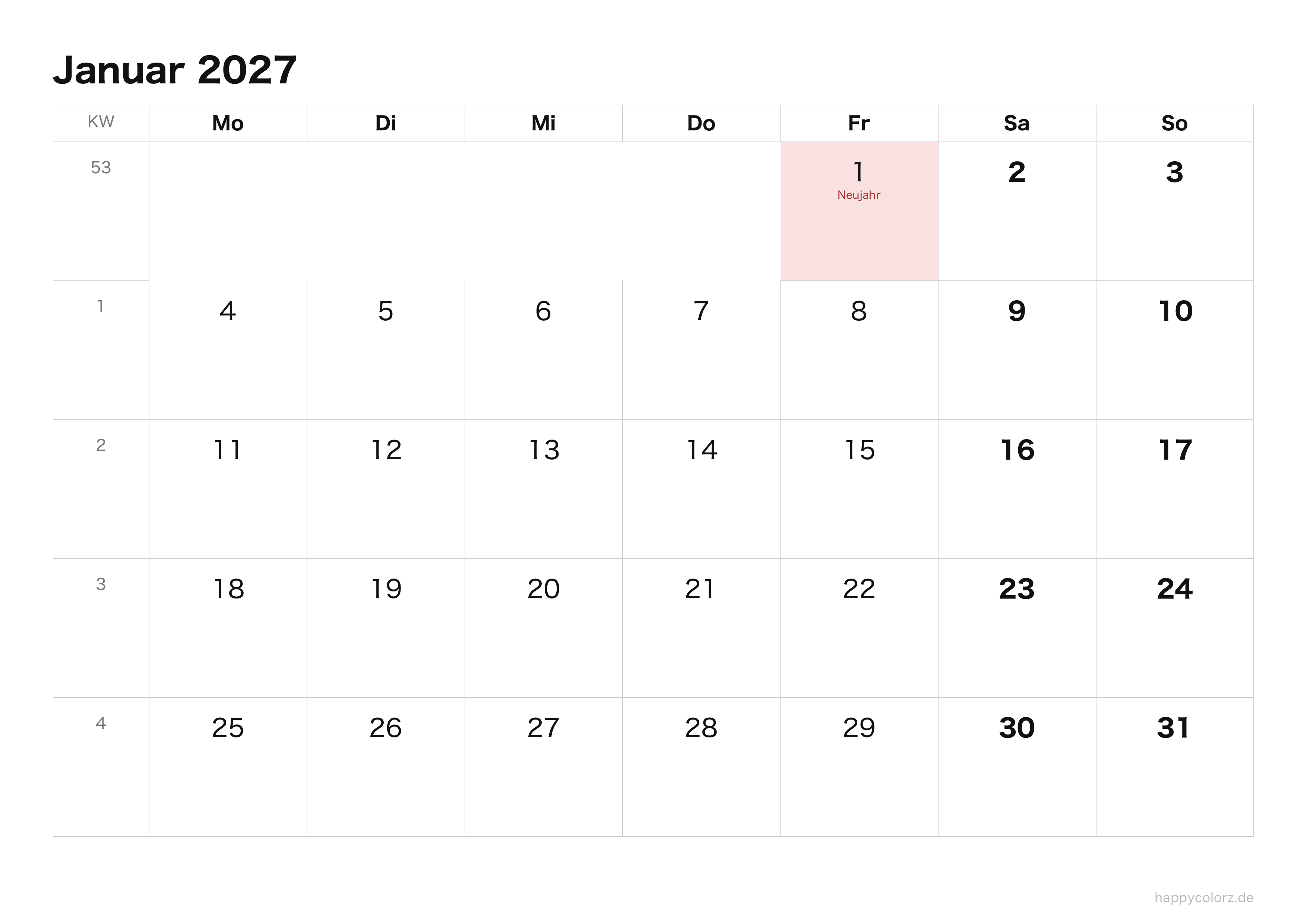 Kalender Januar 2027 klar & minimal, Querformat PDF zum Ausdrucken