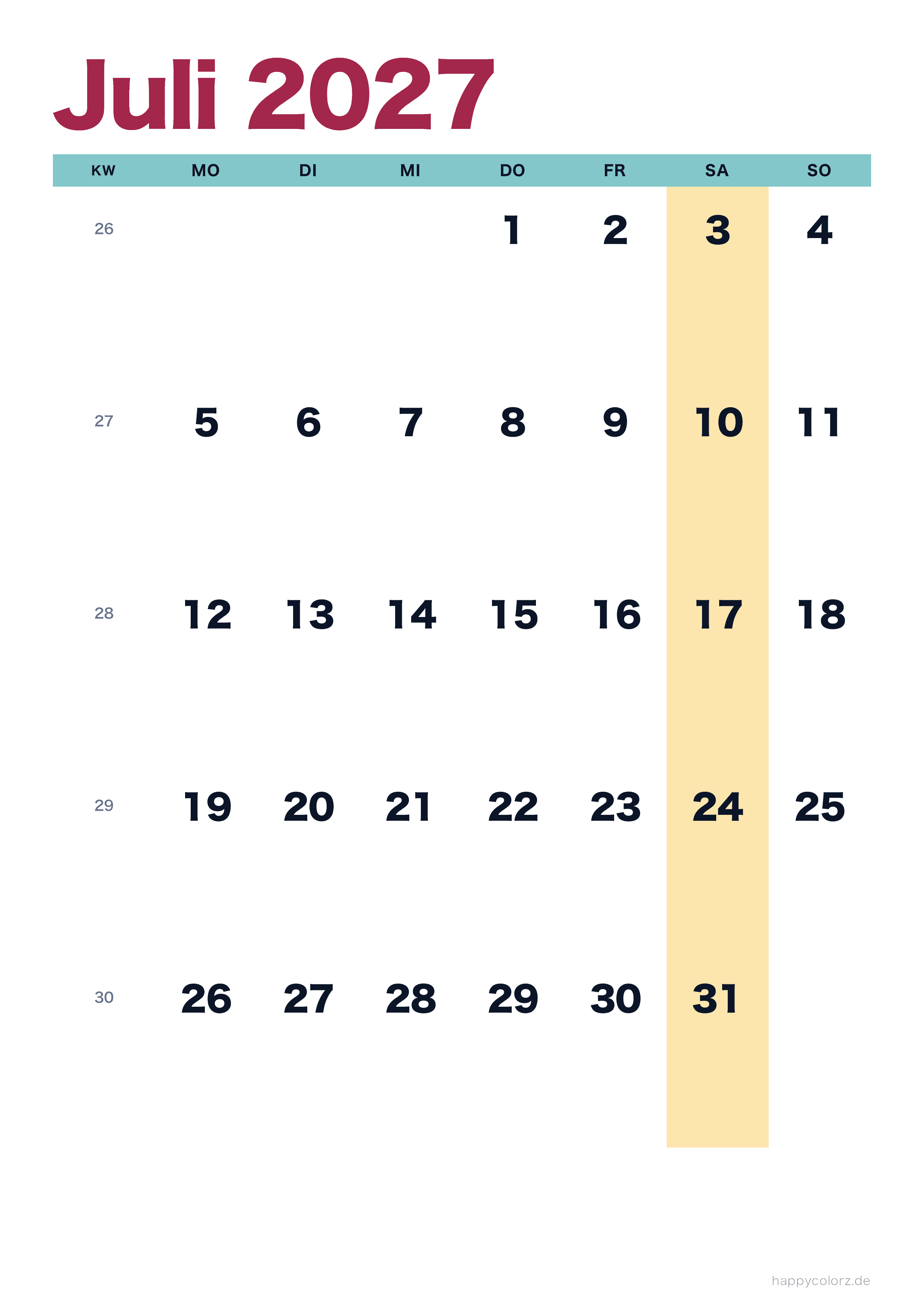 Kalender Juli 2027 bunt & modern, PDF zum Ausdrucken
