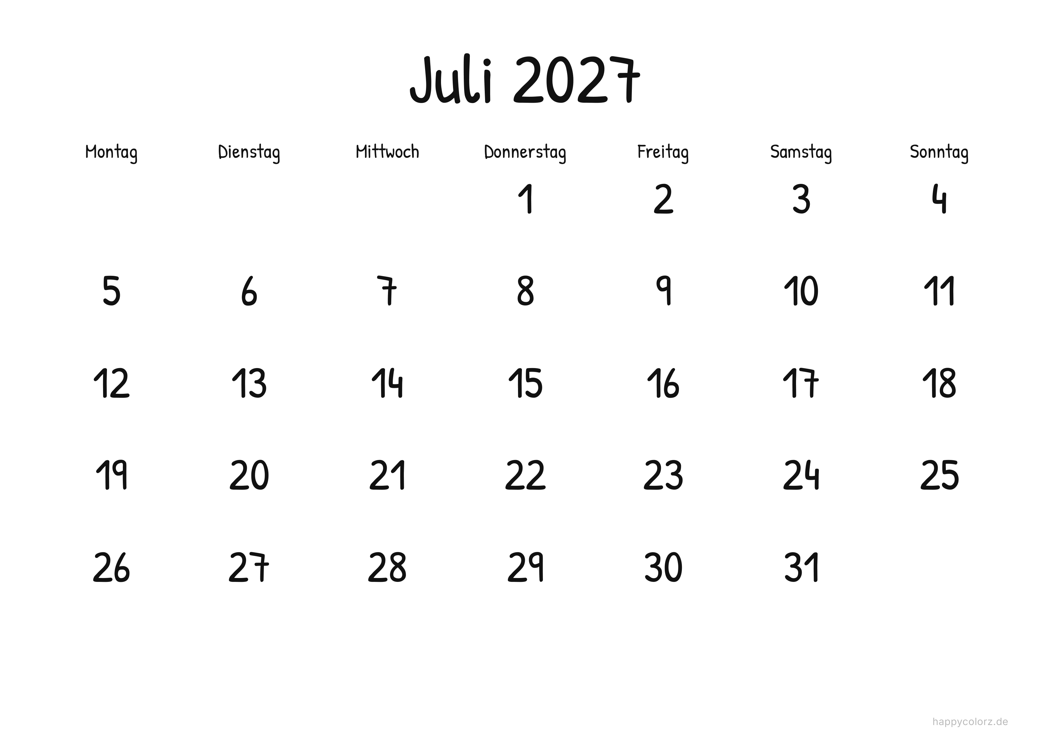 Kalender Juli 2027 Display, PDF zum Ausdrucken