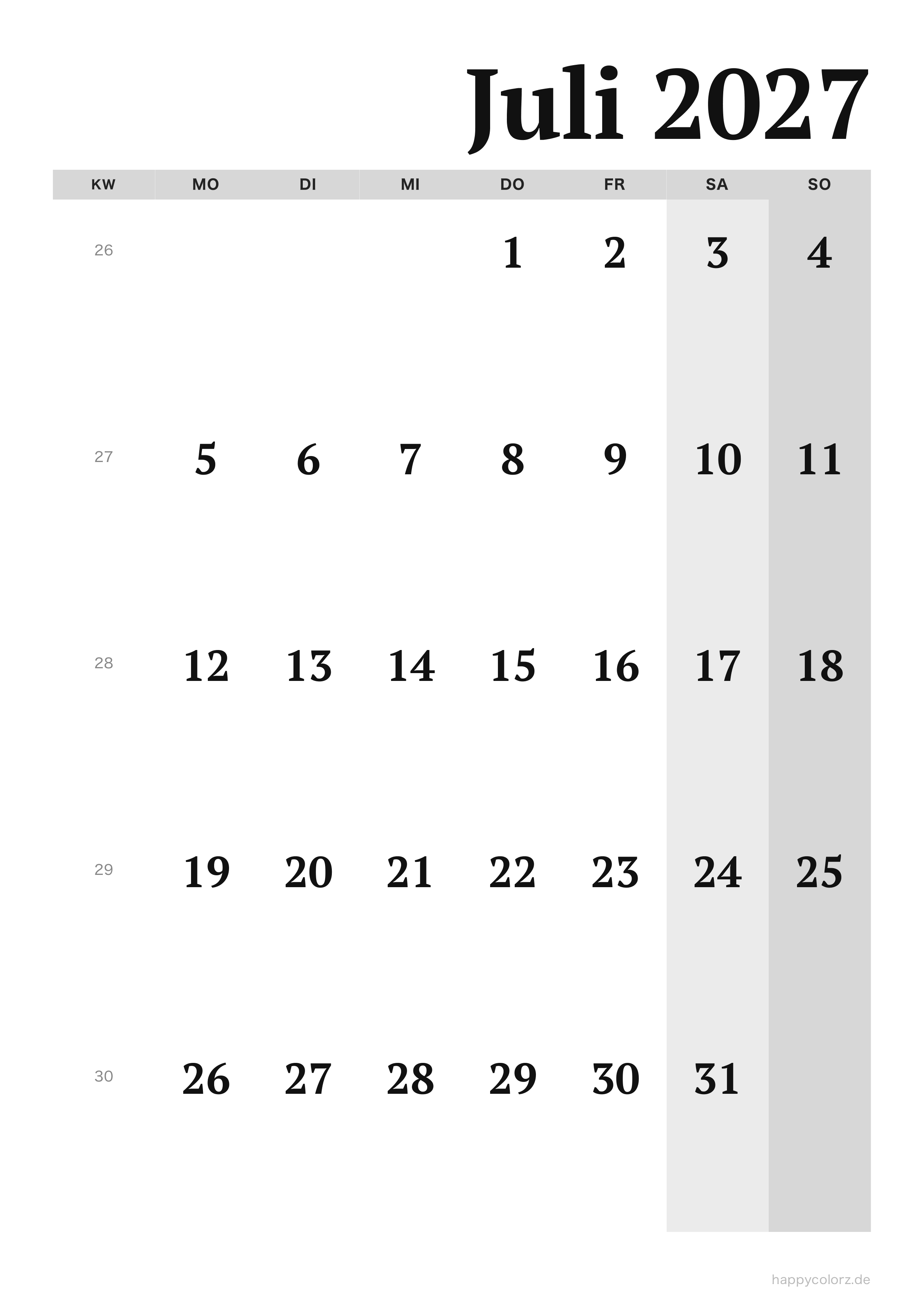 Kalender Juli 2027 Editorial, PDF zum Ausdrucken