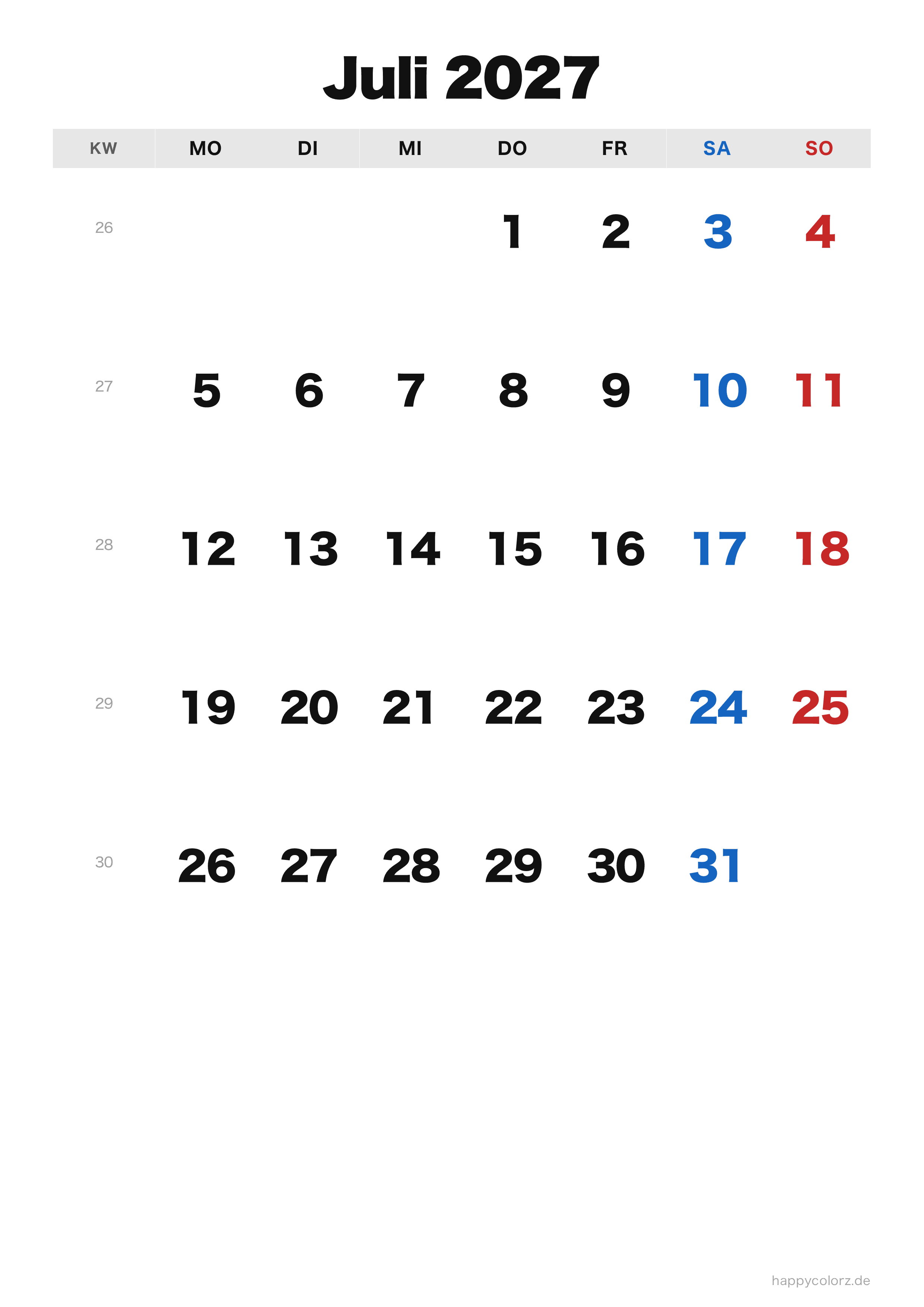Kalender Juli 2027 klassisch, PDF zum Ausdrucken