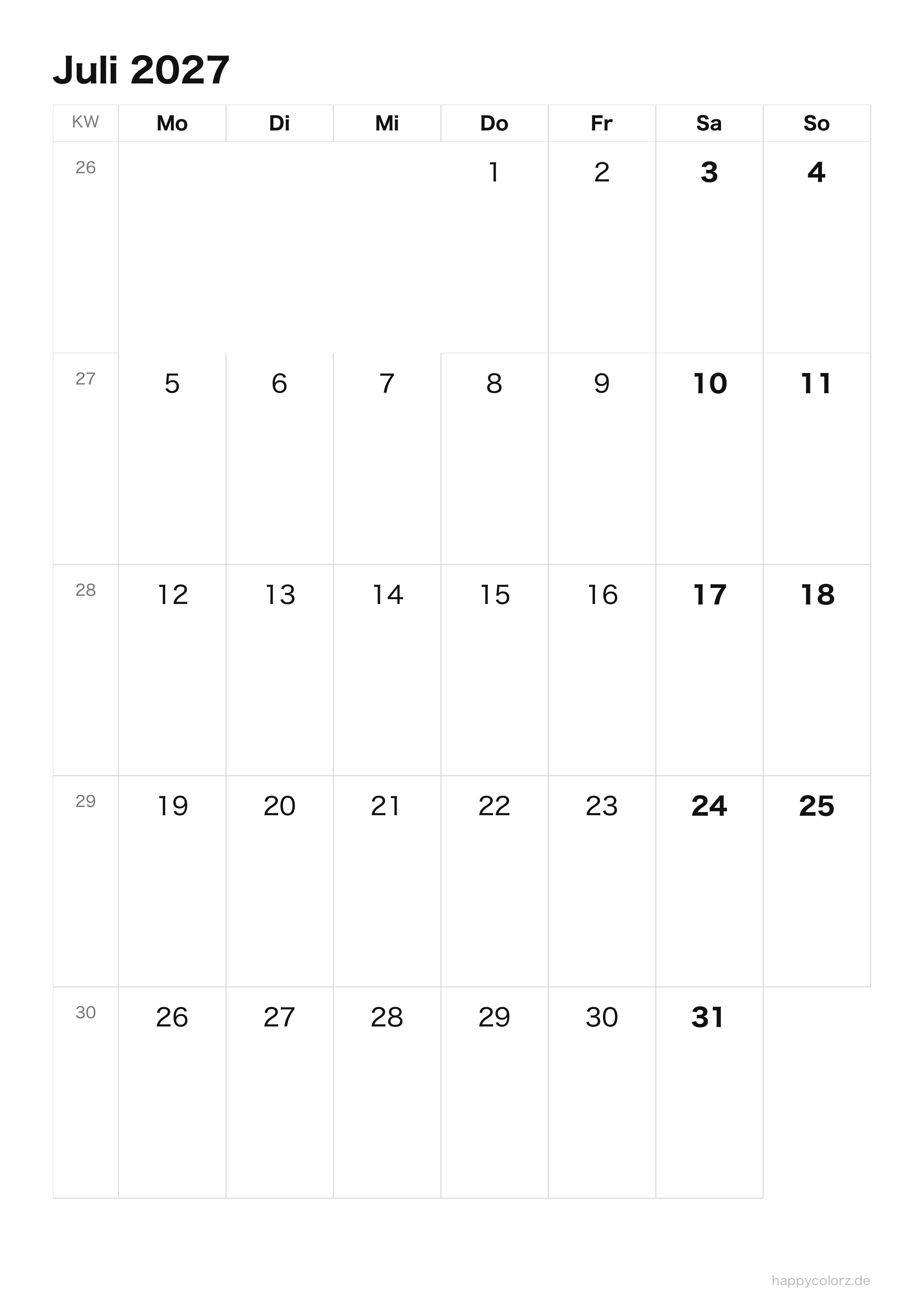 Kalender Juli 2027 klar & minimal · Hochformat, PDF zum Ausdrucken