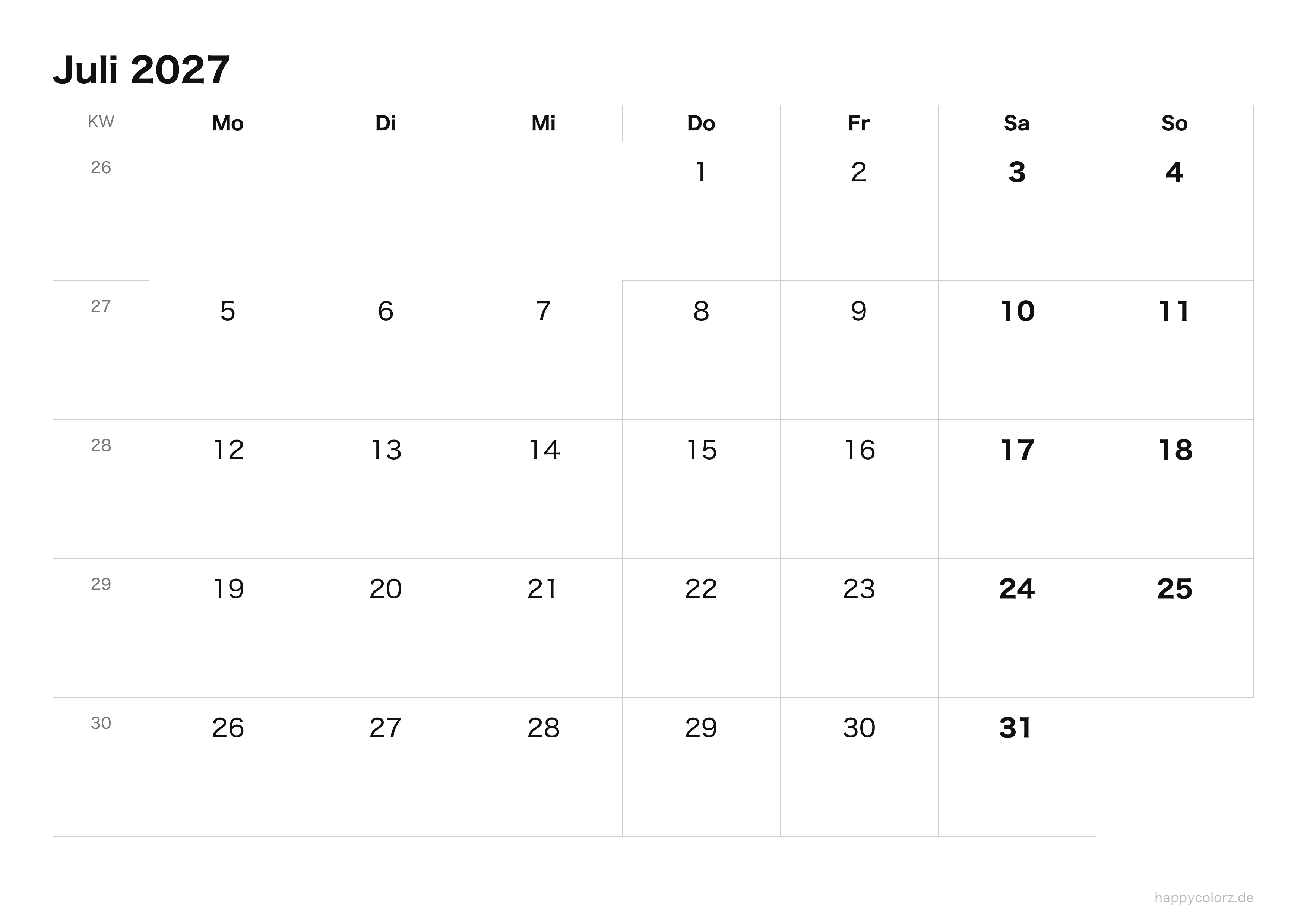 Kalender Juli 2027 klar & minimal · Querformat, PDF zum Ausdrucken