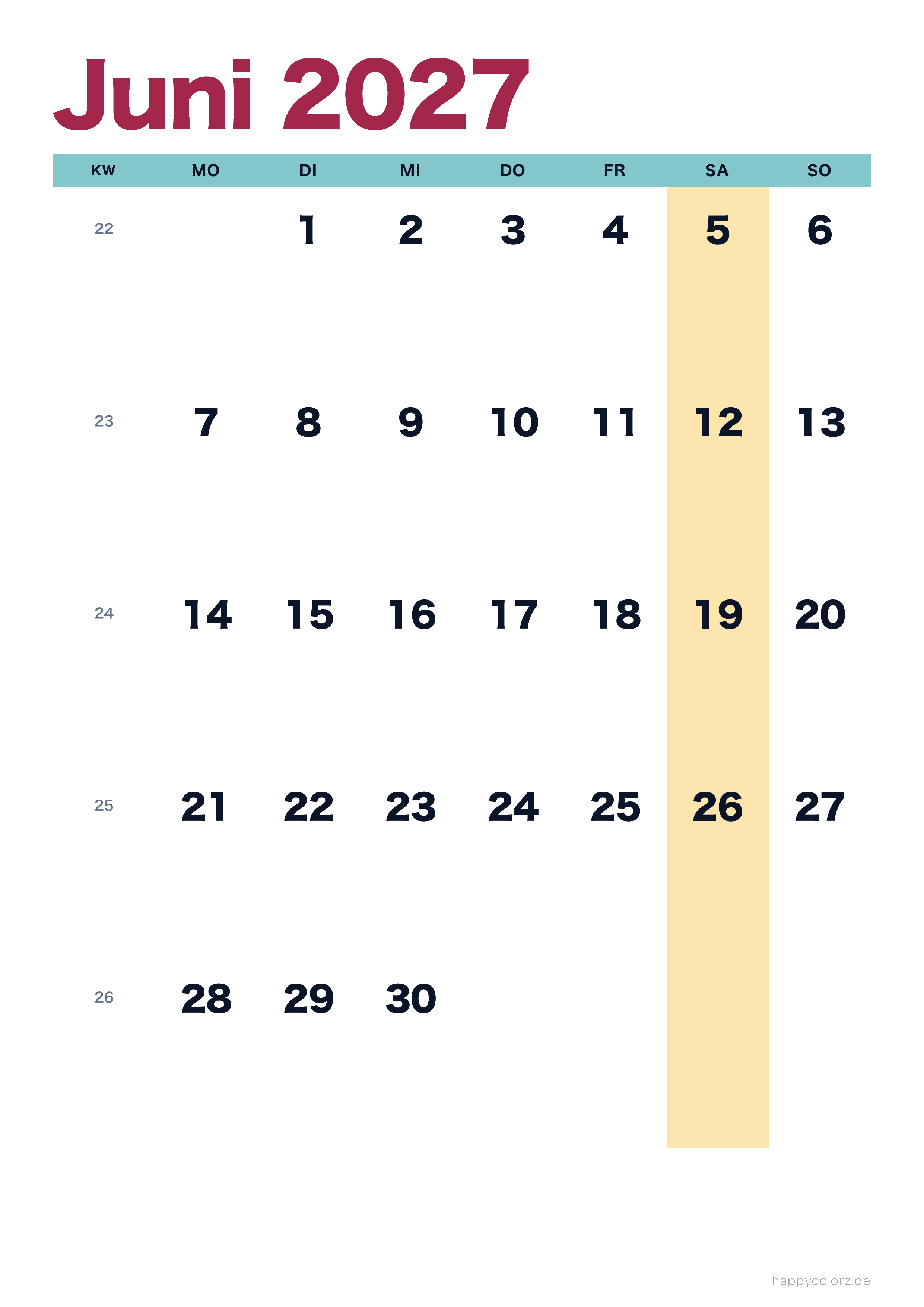 Kalender Juni 2027 bunt & modern, PDF zum Ausdrucken