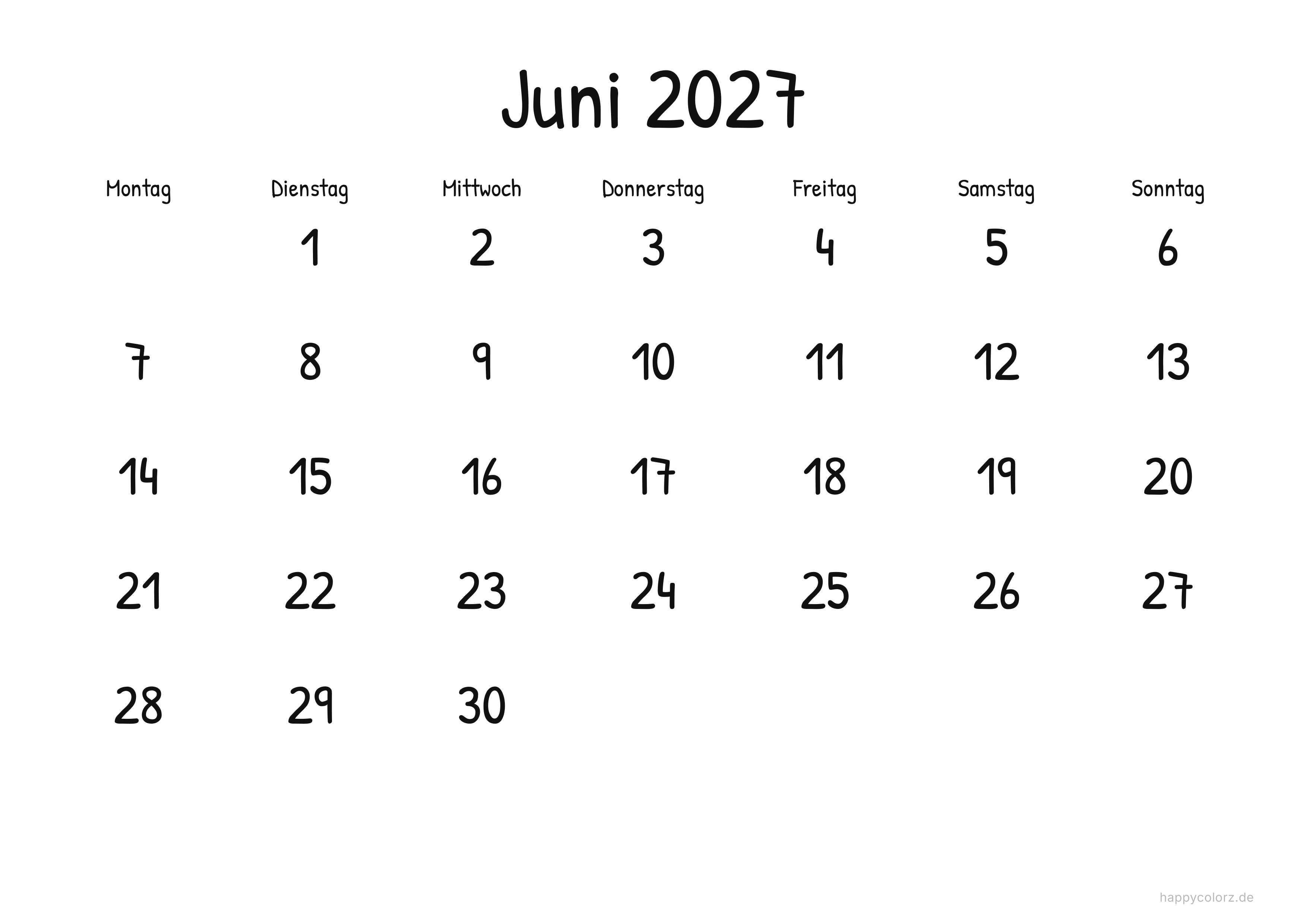 Kalender Juni 2027 Display, PDF zum Ausdrucken