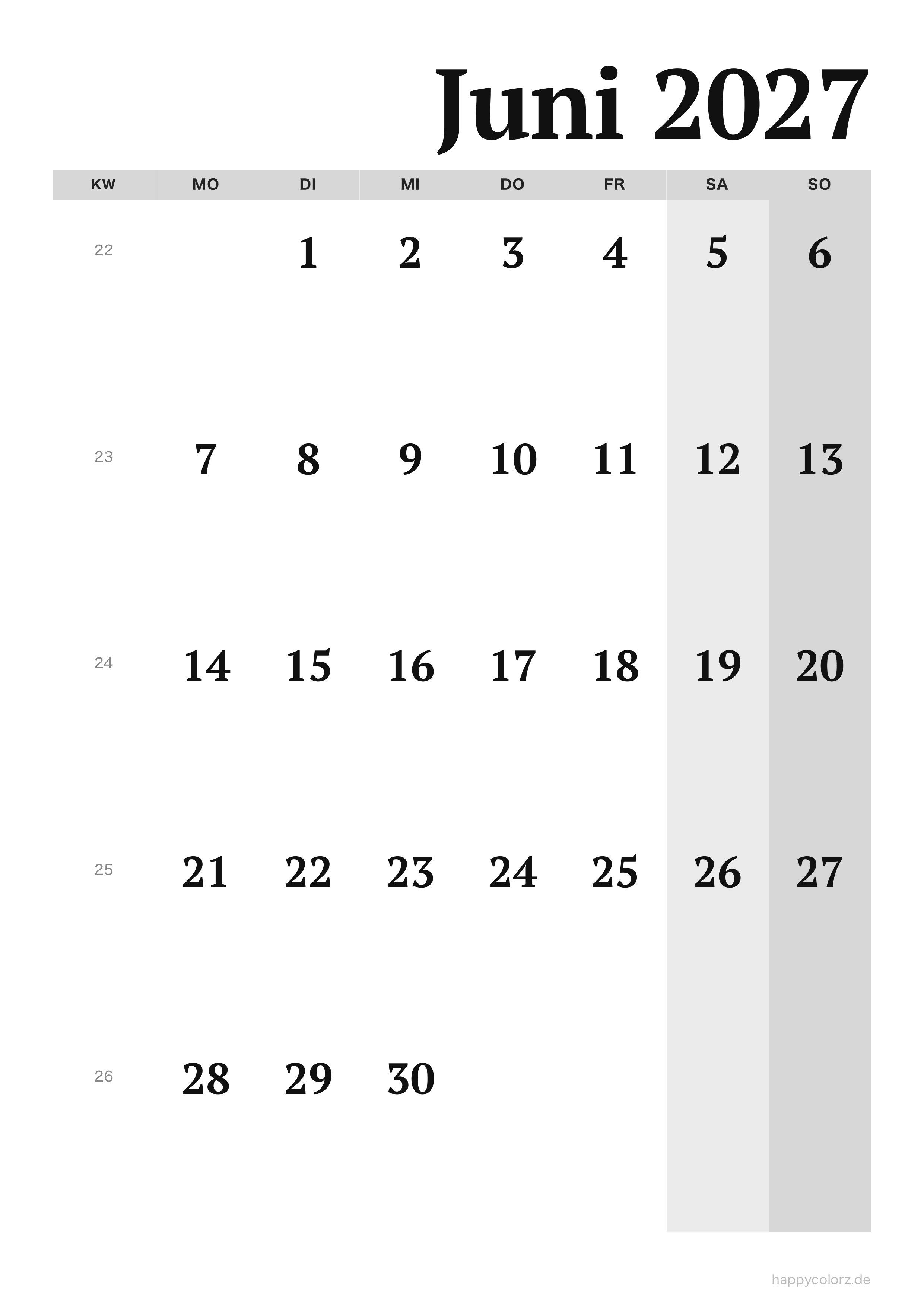 Kalender Juni 2027 Editorial, PDF zum Ausdrucken