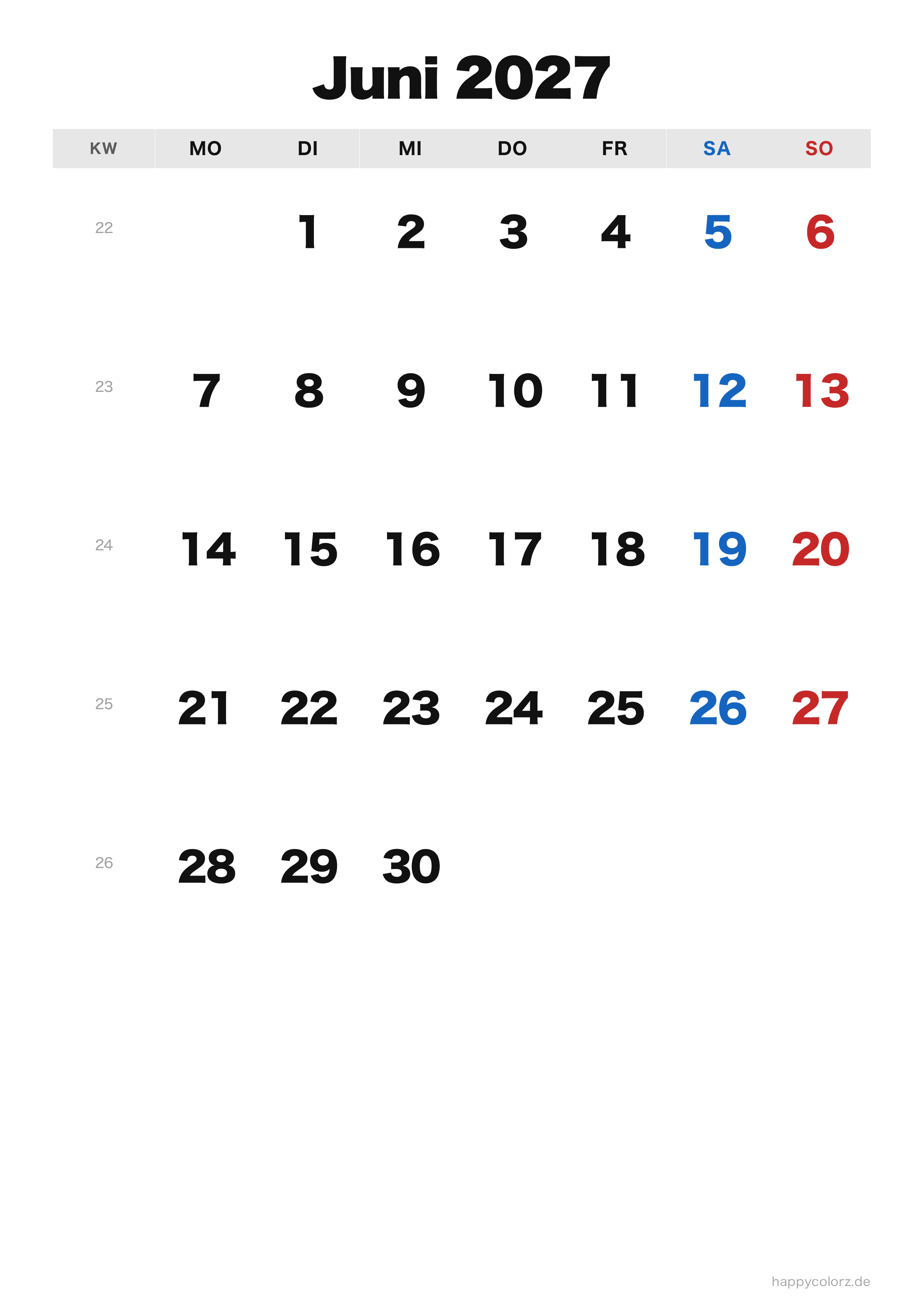 Kalender Juni 2027 klassisch, PDF zum Ausdrucken