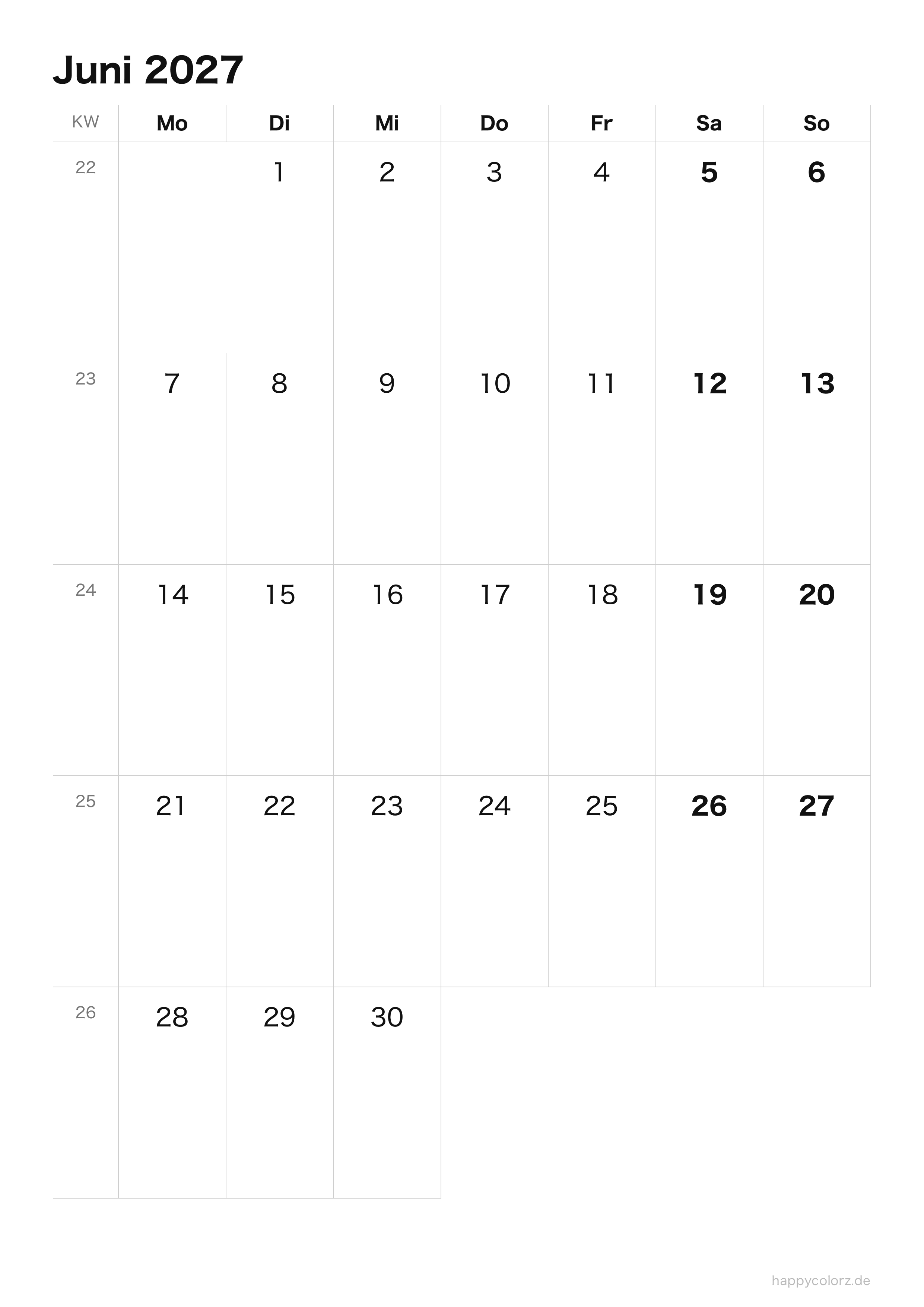 Kalender Juni 2027 klar & minimal · Hochformat, PDF zum Ausdrucken