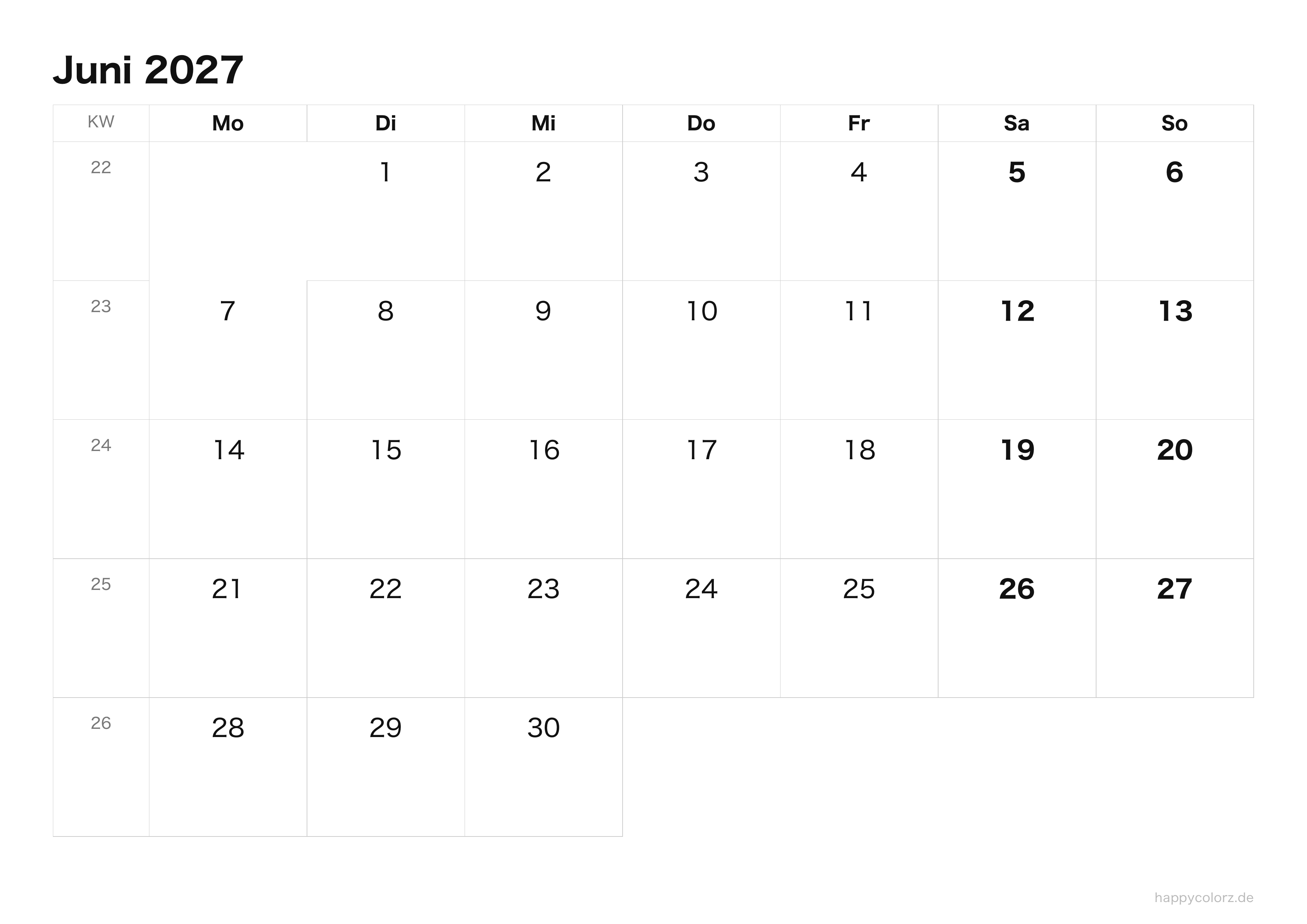 Kalender Juni 2027 klar & minimal · Querformat, PDF zum Ausdrucken