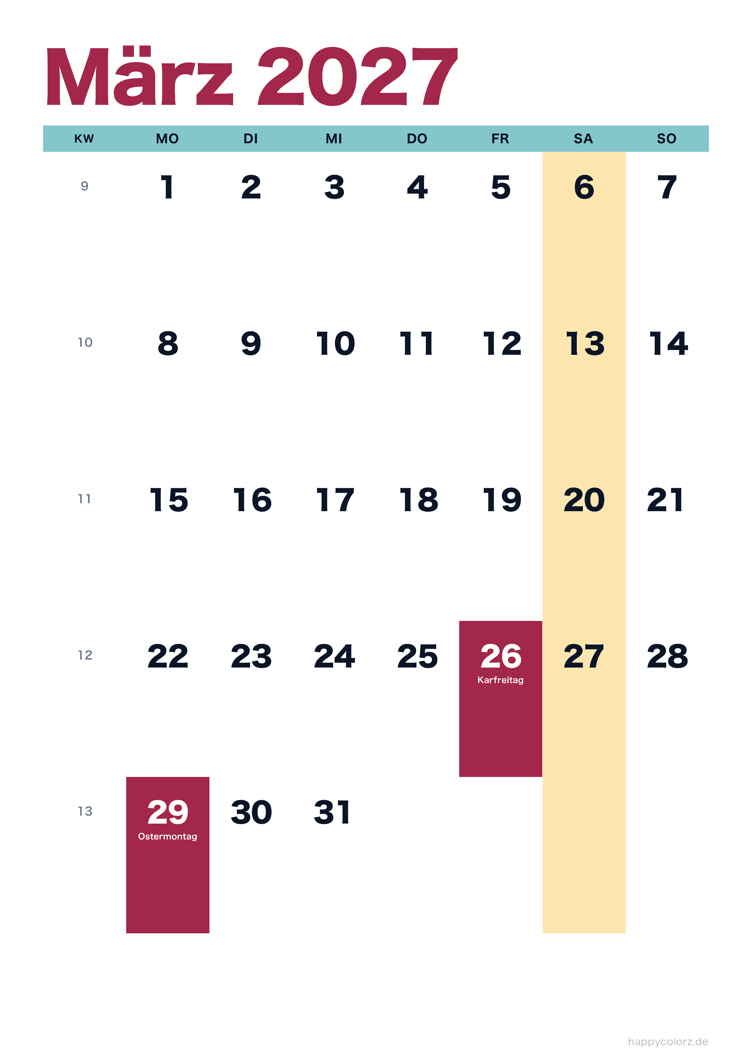 Kalender März 2027 bunt & modern, PDF zum Ausdrucken