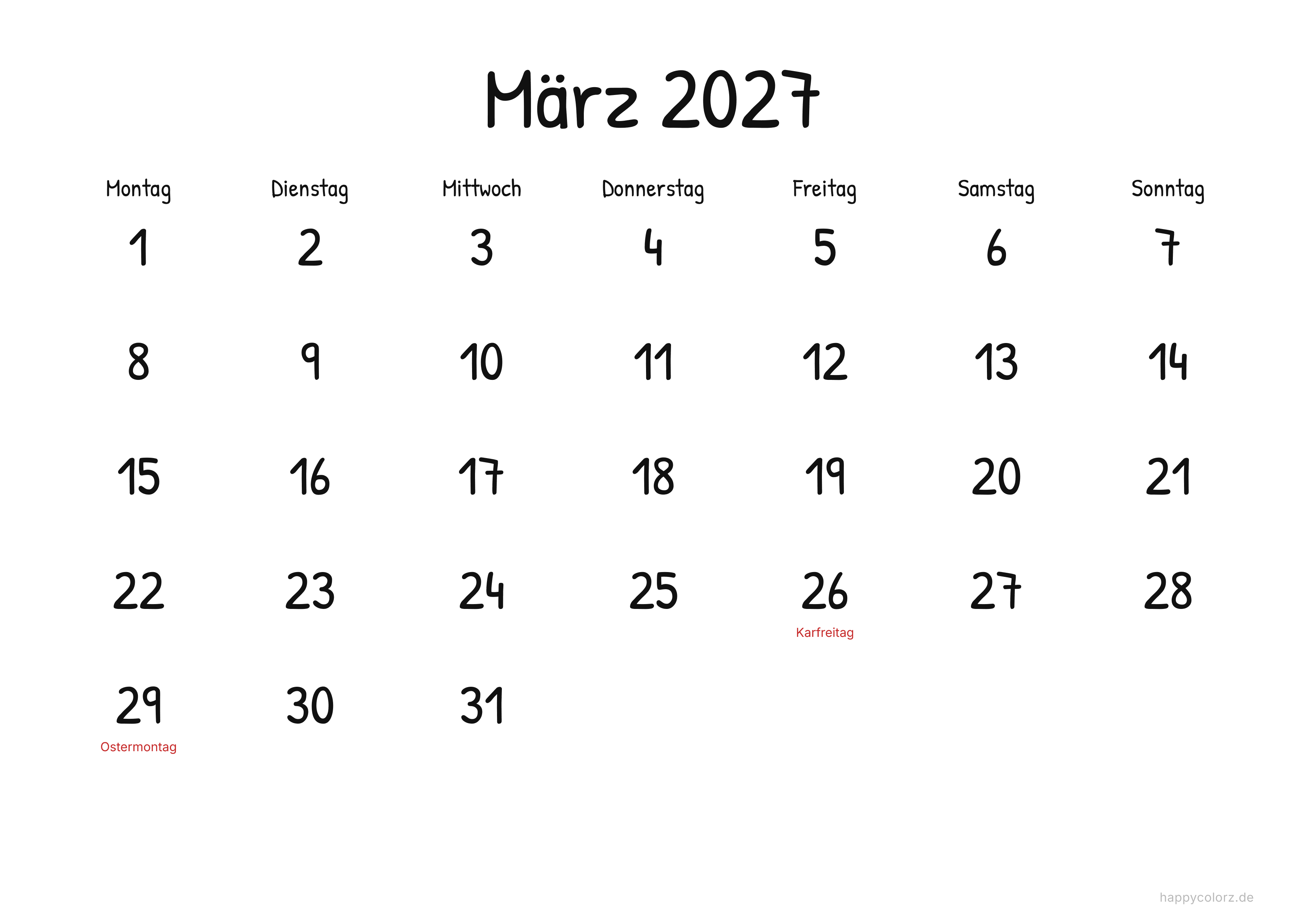Kalender März 2027 Display, PDF zum Ausdrucken