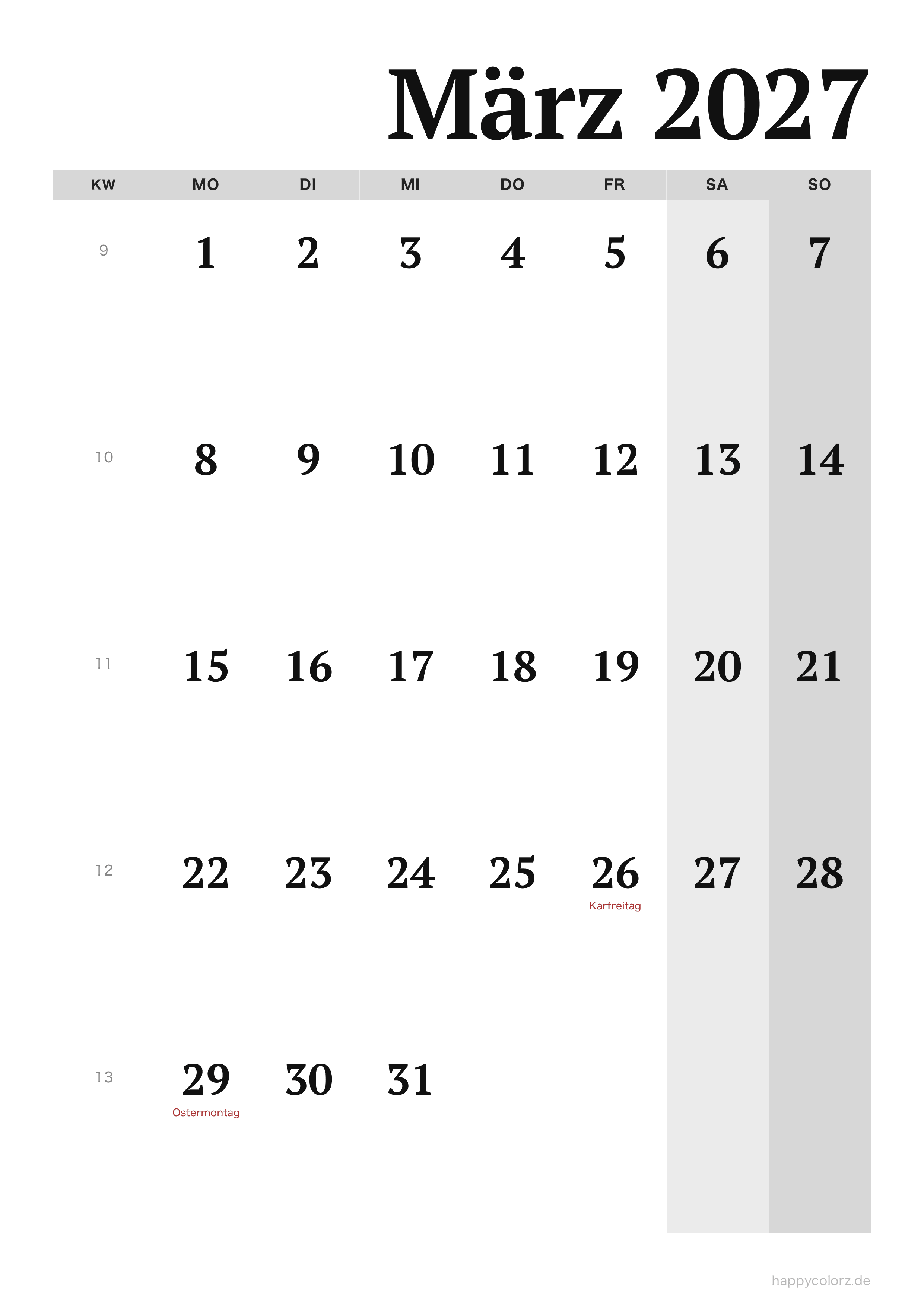 Kalender März 2027 Editorial, PDF zum Ausdrucken