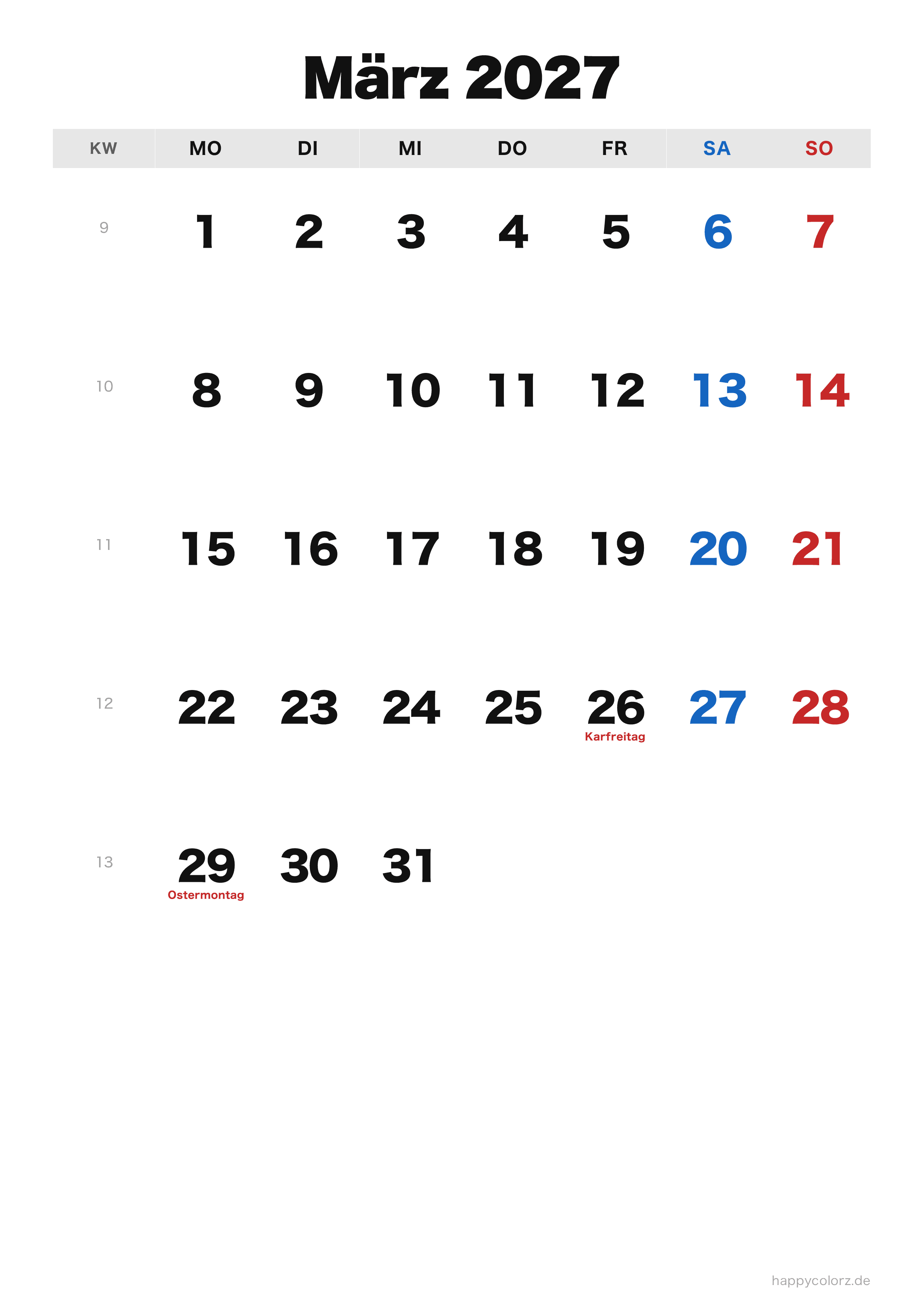 Kalender März 2027 klassisch, PDF zum Ausdrucken