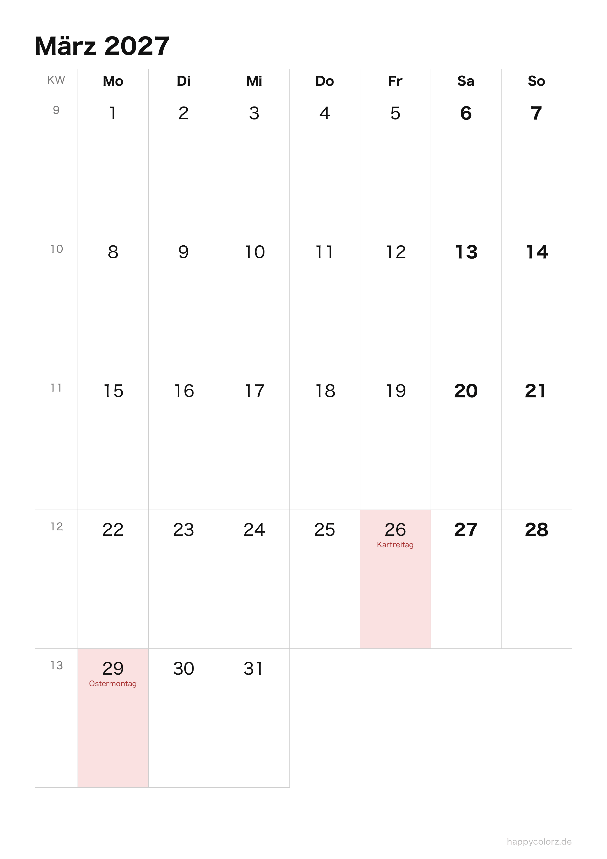 Kalender März 2027 klar & minimal · Hochformat, PDF zum Ausdrucken