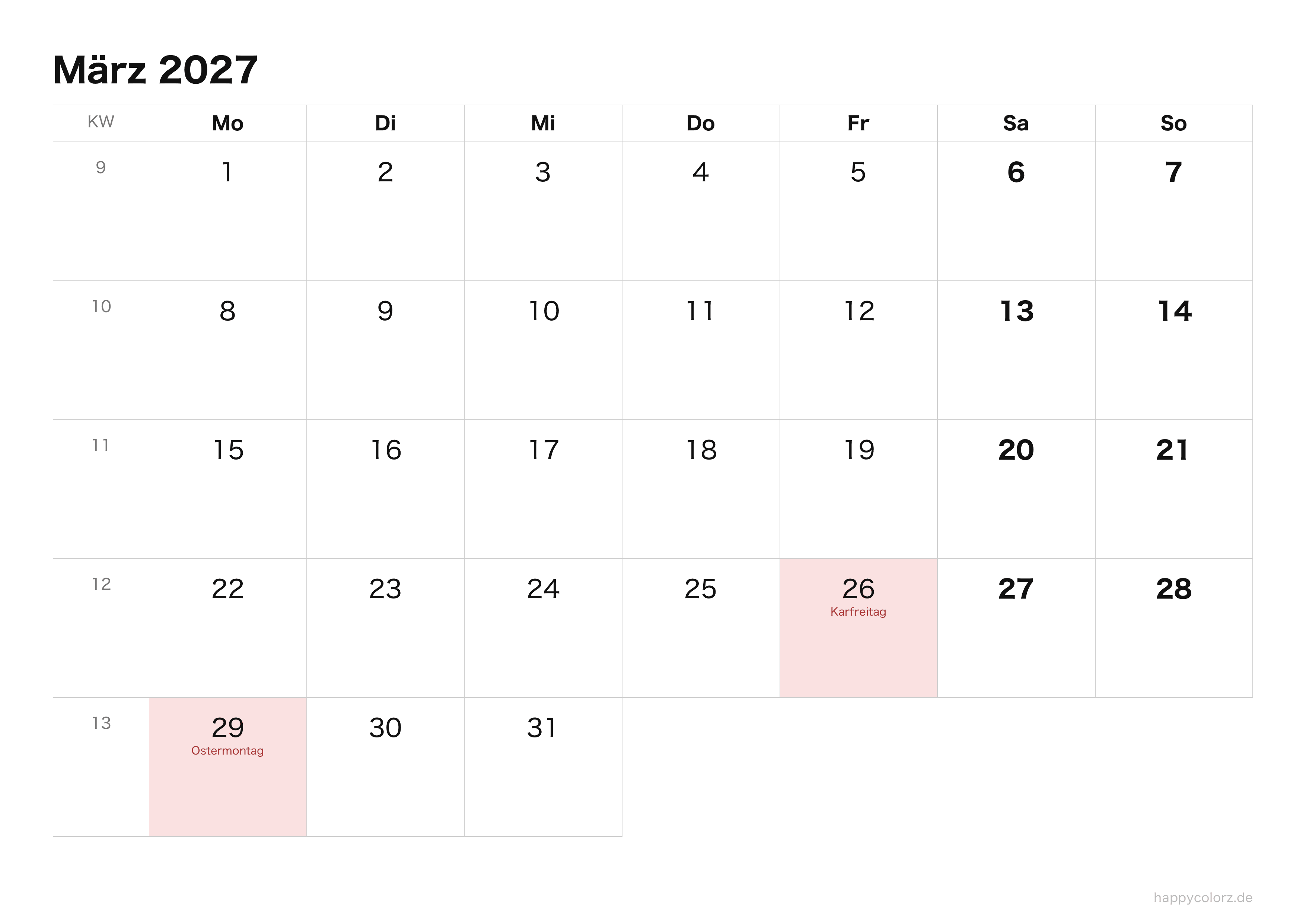 Kalender März 2027 klar & minimal · Querformat, PDF zum Ausdrucken