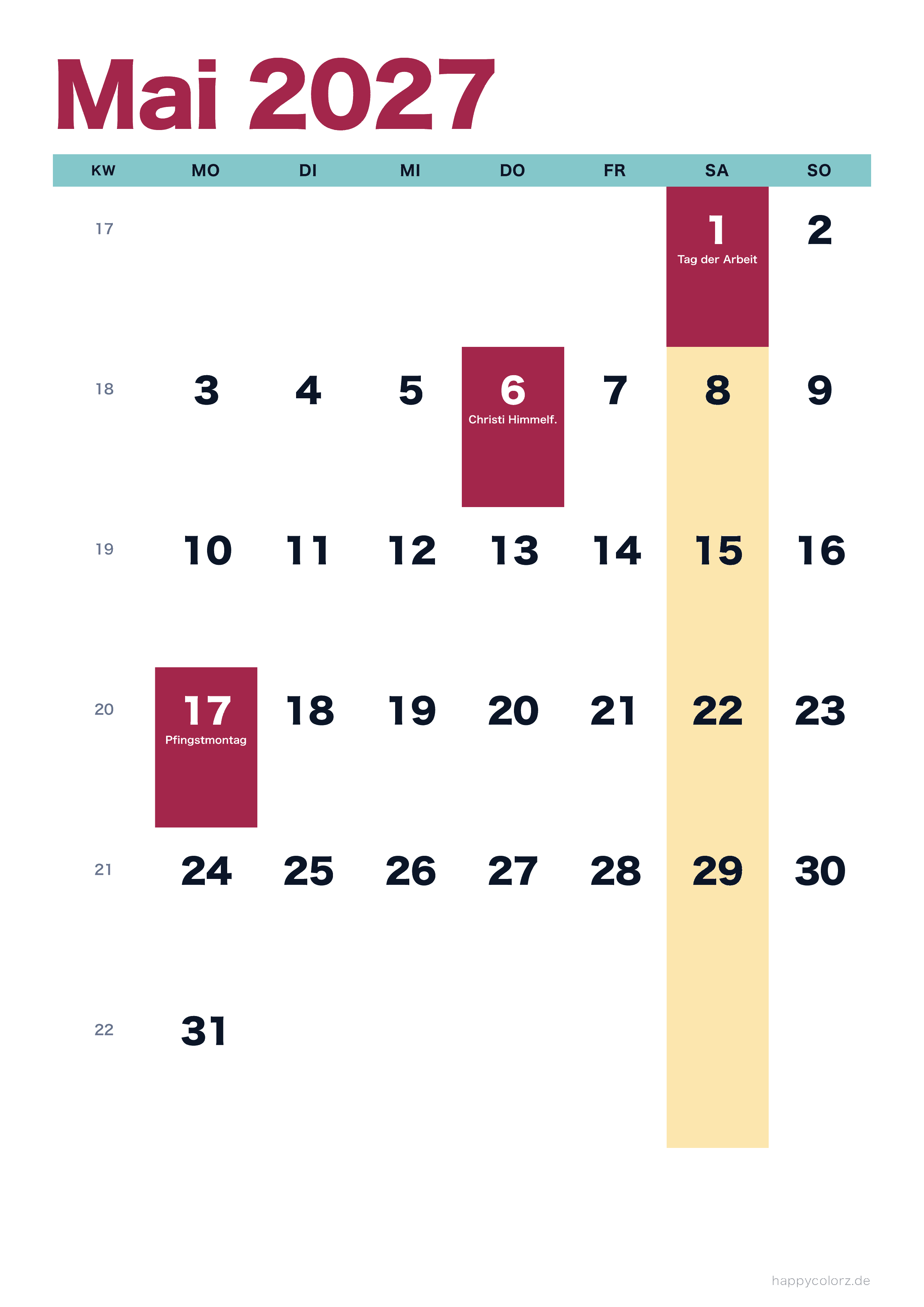 Kalender Mai 2027 bunt & modern, PDF zum Ausdrucken