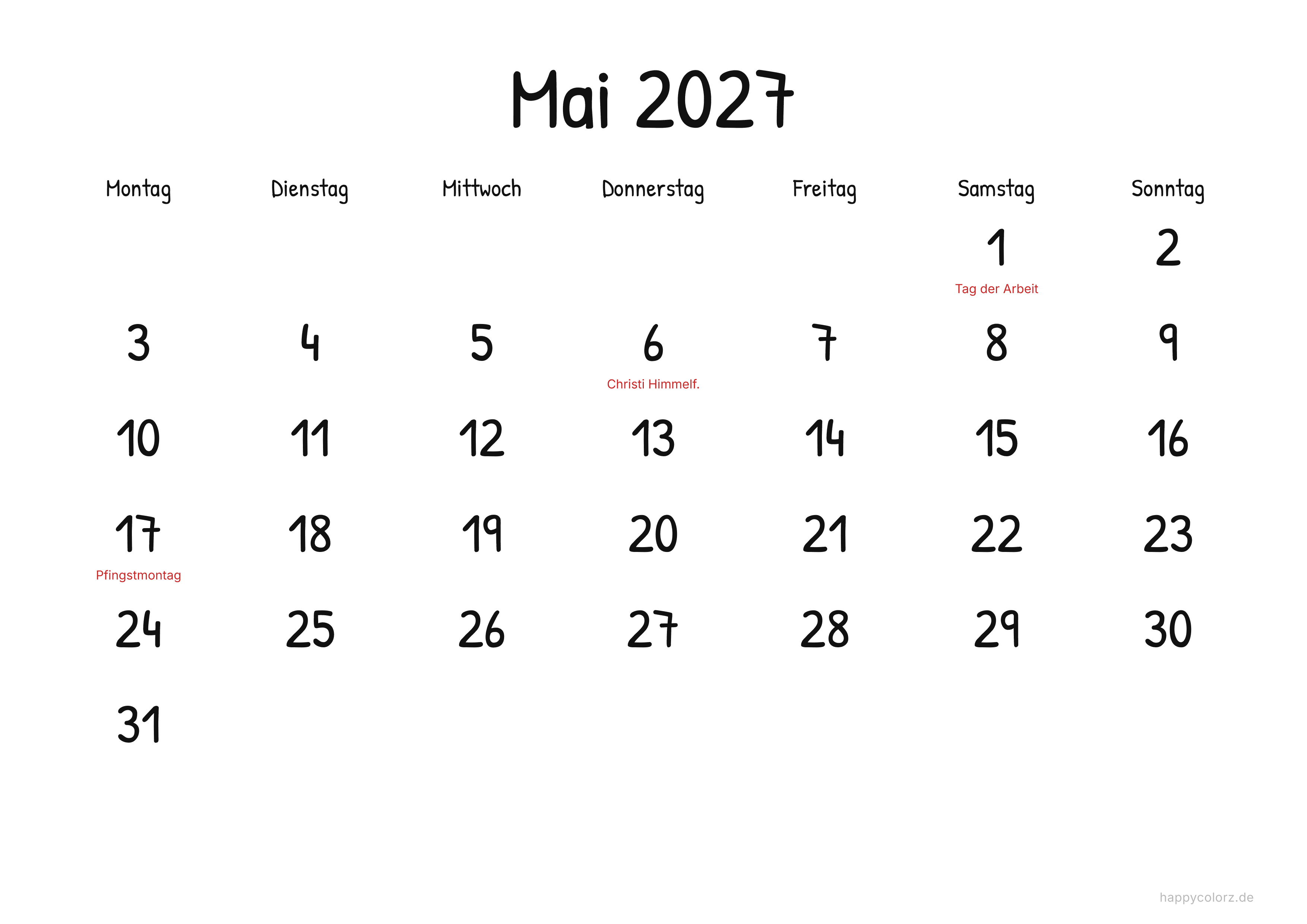 Kalender Mai 2027 Display, PDF zum Ausdrucken