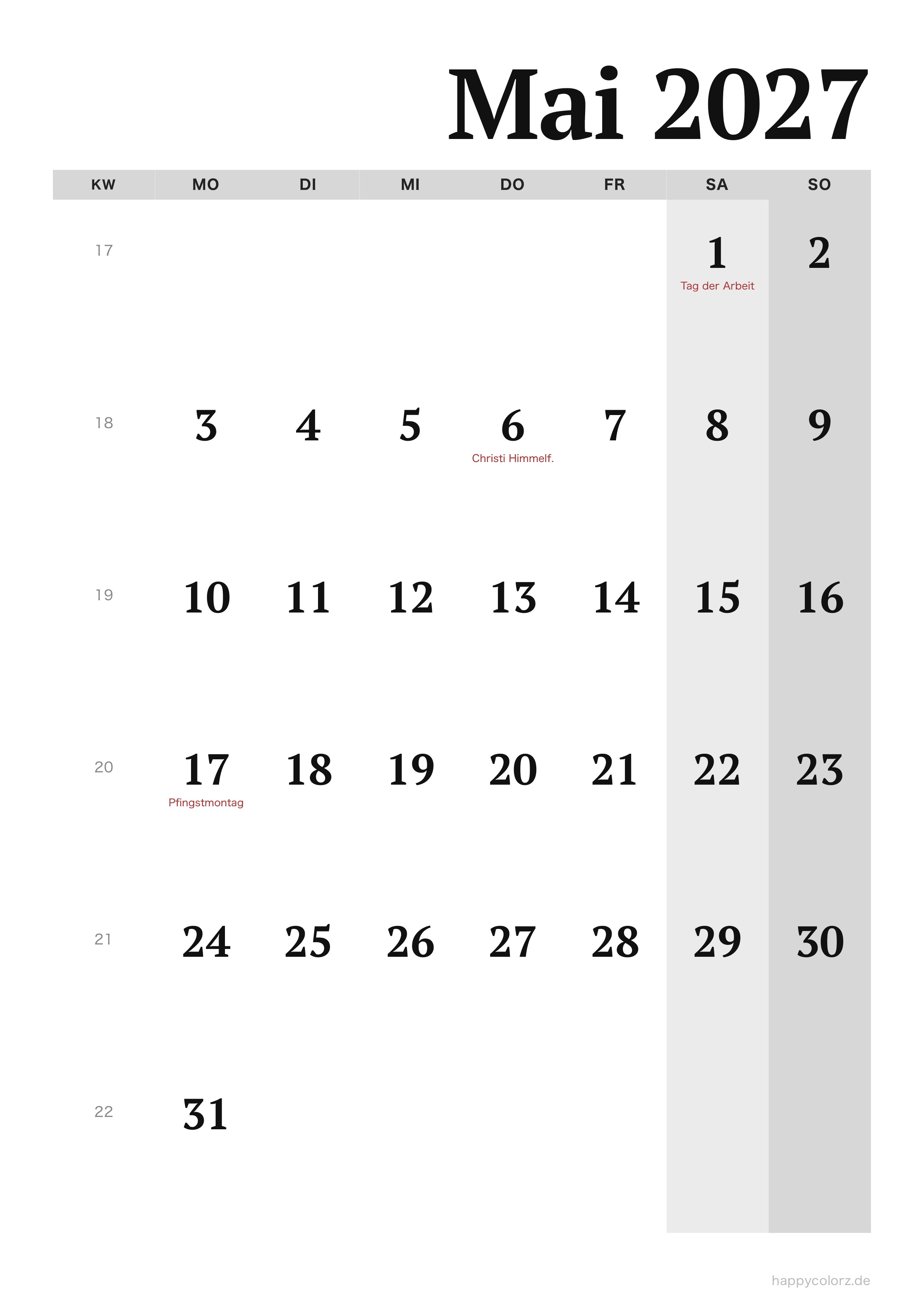Kalender Mai 2027 Editorial, PDF zum Ausdrucken