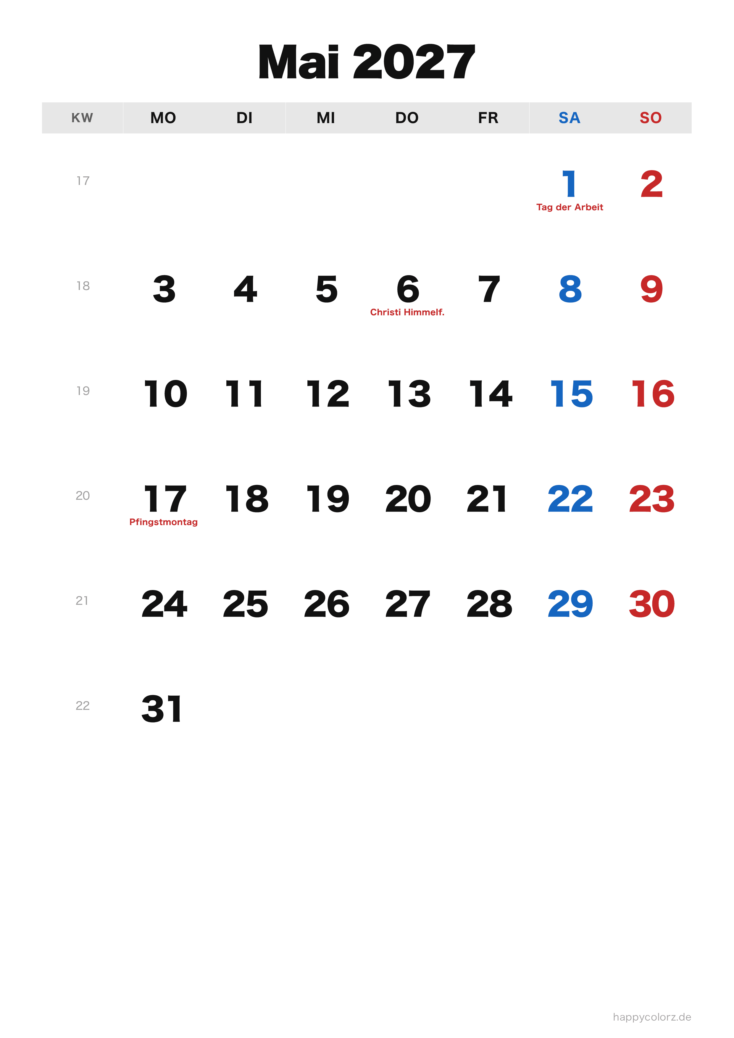 Kalender Mai 2027 klassisch, PDF zum Ausdrucken