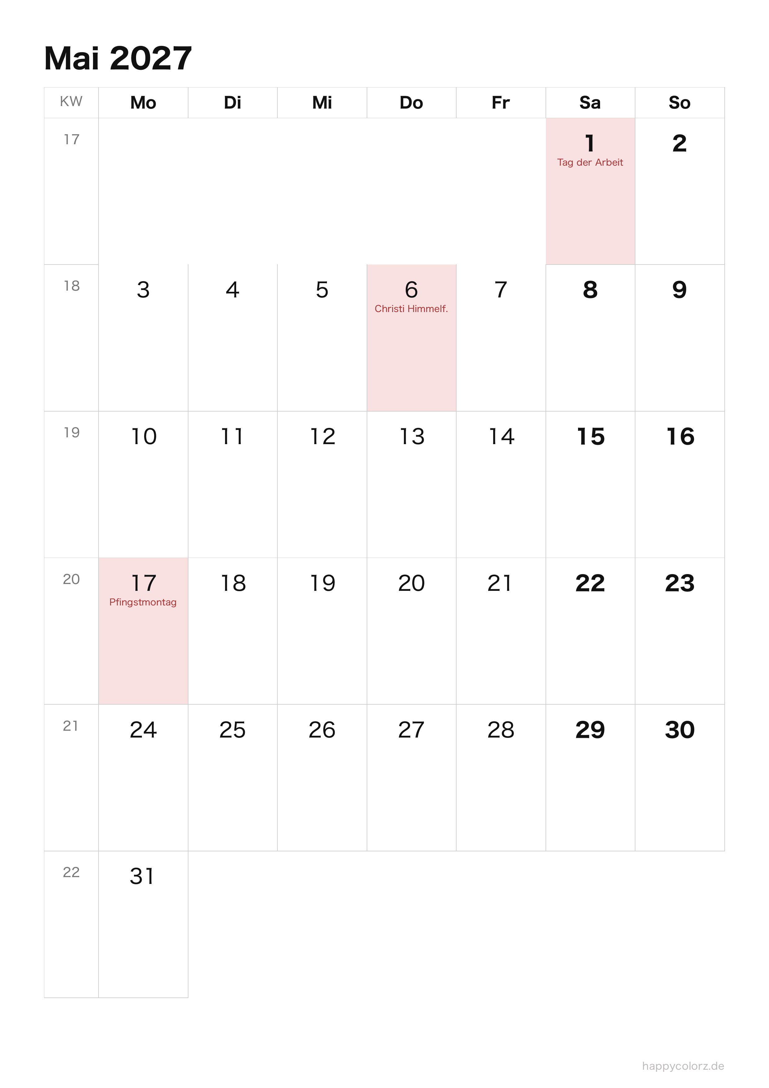 Kalender Mai 2027 klar & minimal · Hochformat, PDF zum Ausdrucken