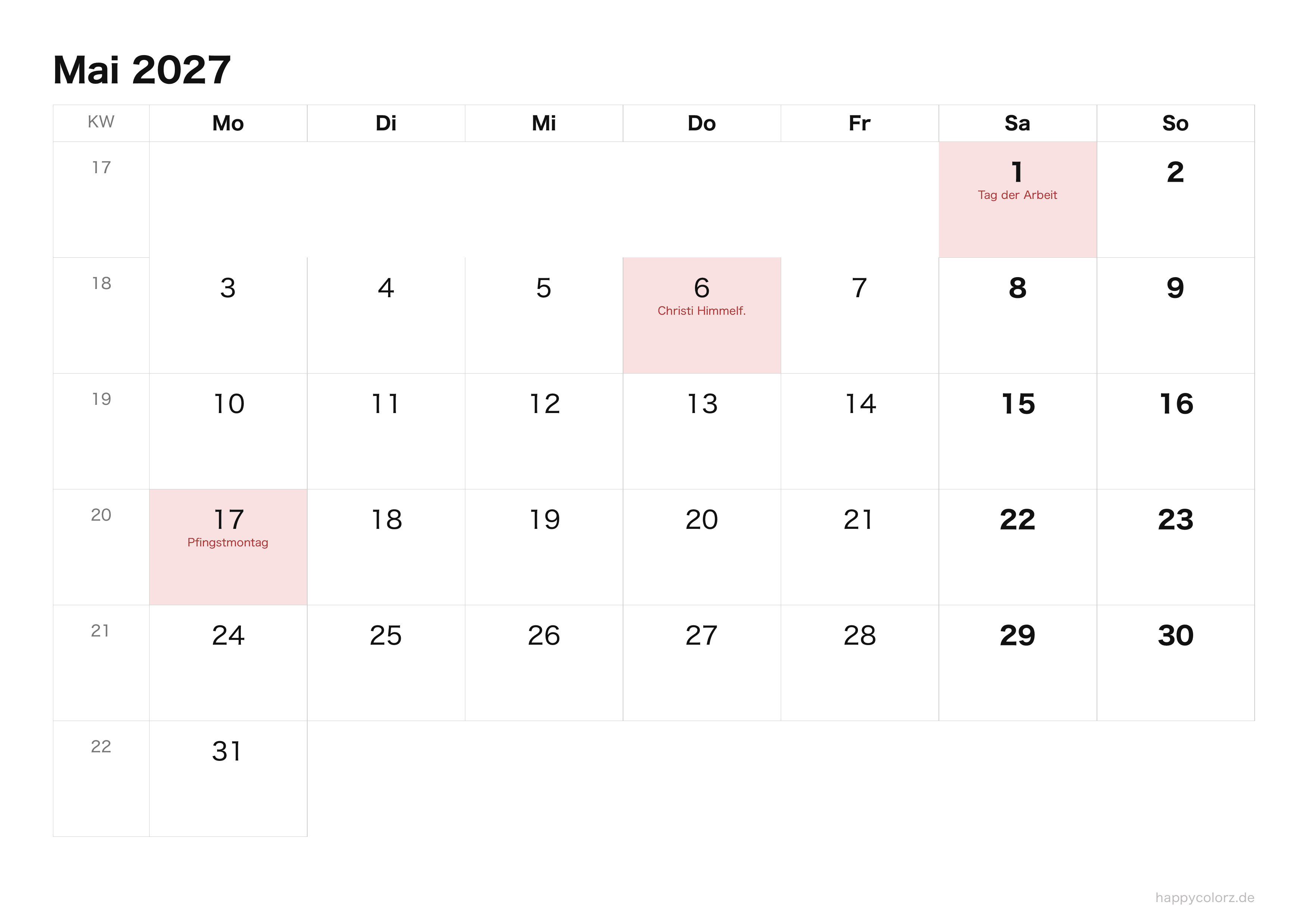 Kalender Mai 2027 klar & minimal · Querformat, PDF zum Ausdrucken