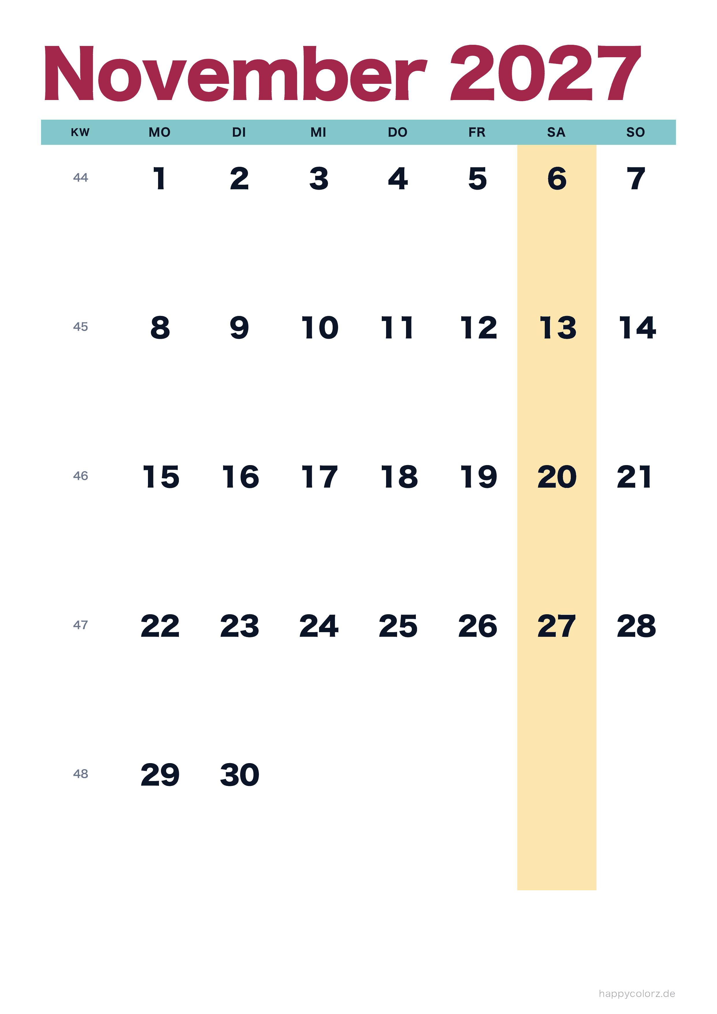 Kalender November 2027 bunt & modern, PDF zum Ausdrucken