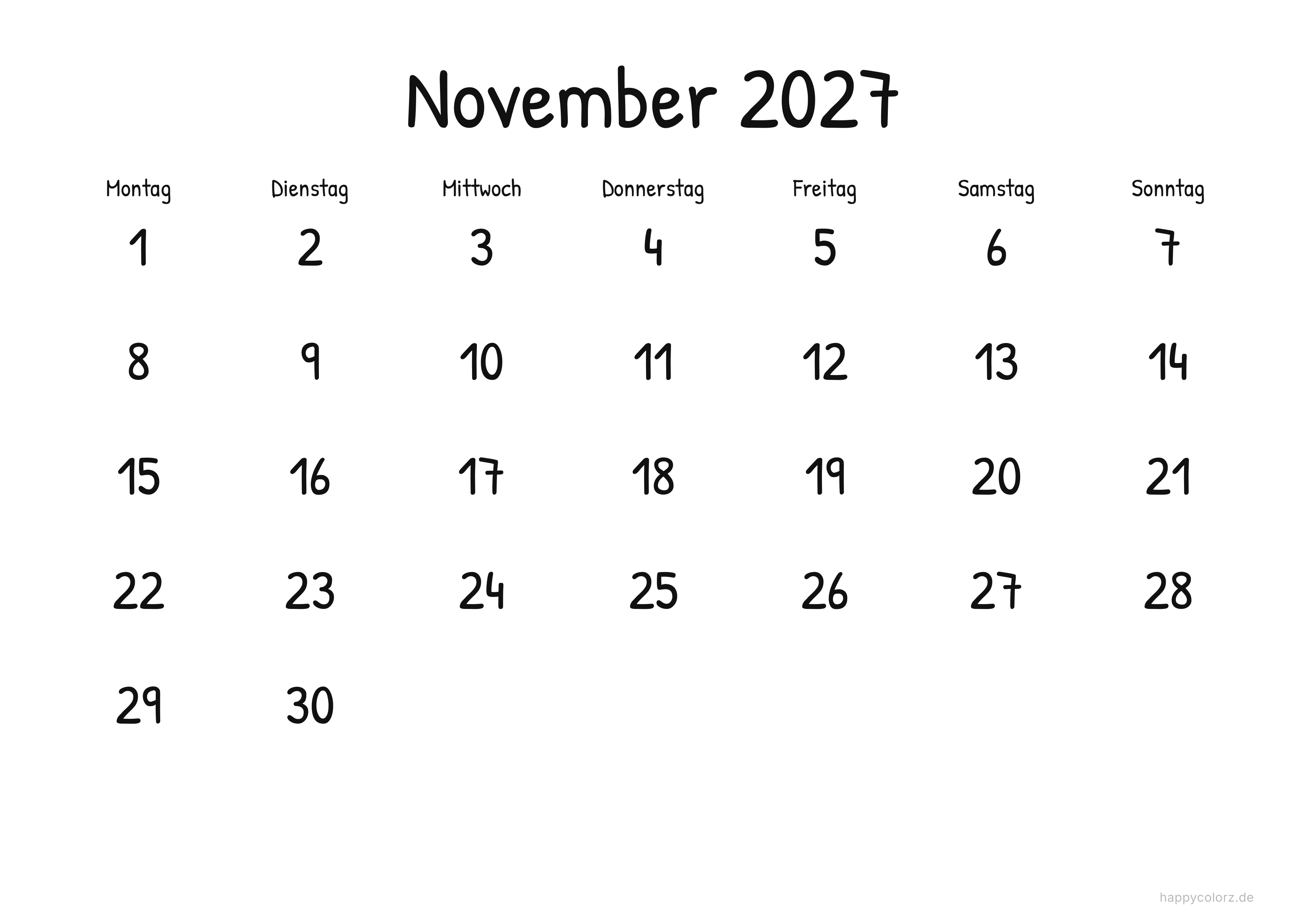 Kalender November 2027 Display, PDF zum Ausdrucken