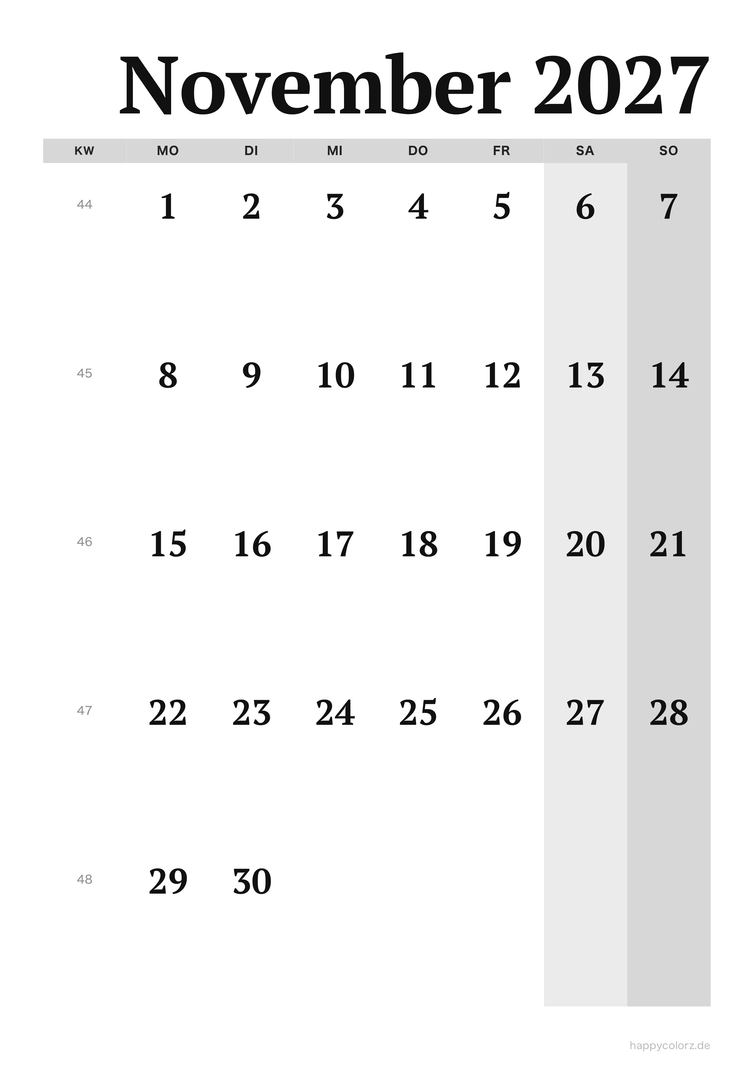Kalender November 2027 Editorial, PDF zum Ausdrucken