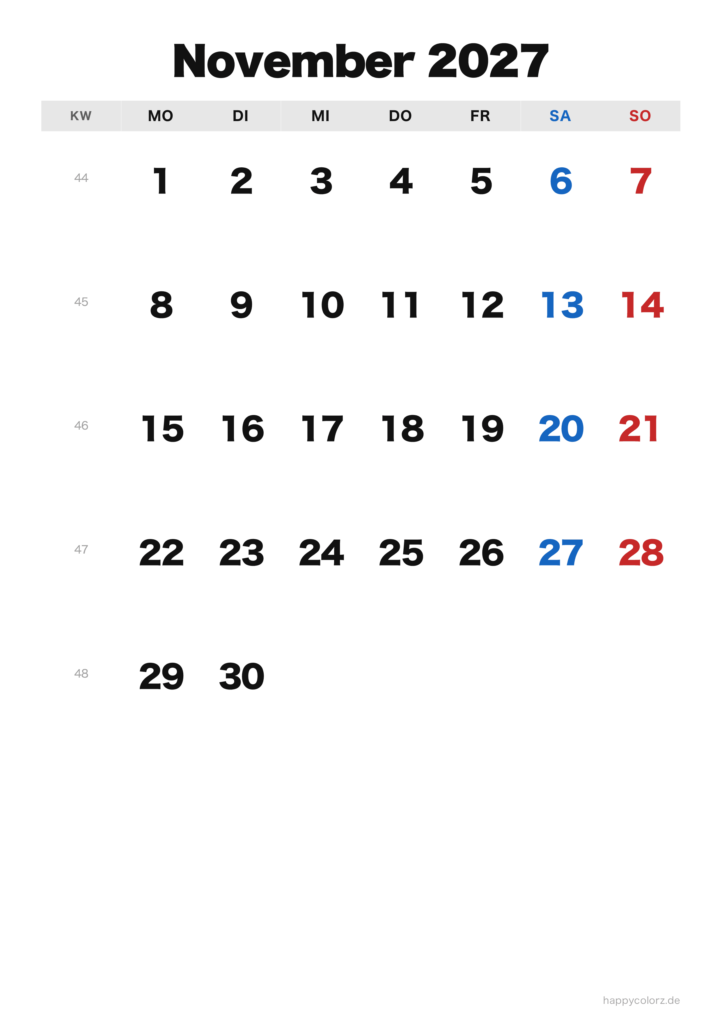 Kalender November 2027 klassisch, PDF zum Ausdrucken