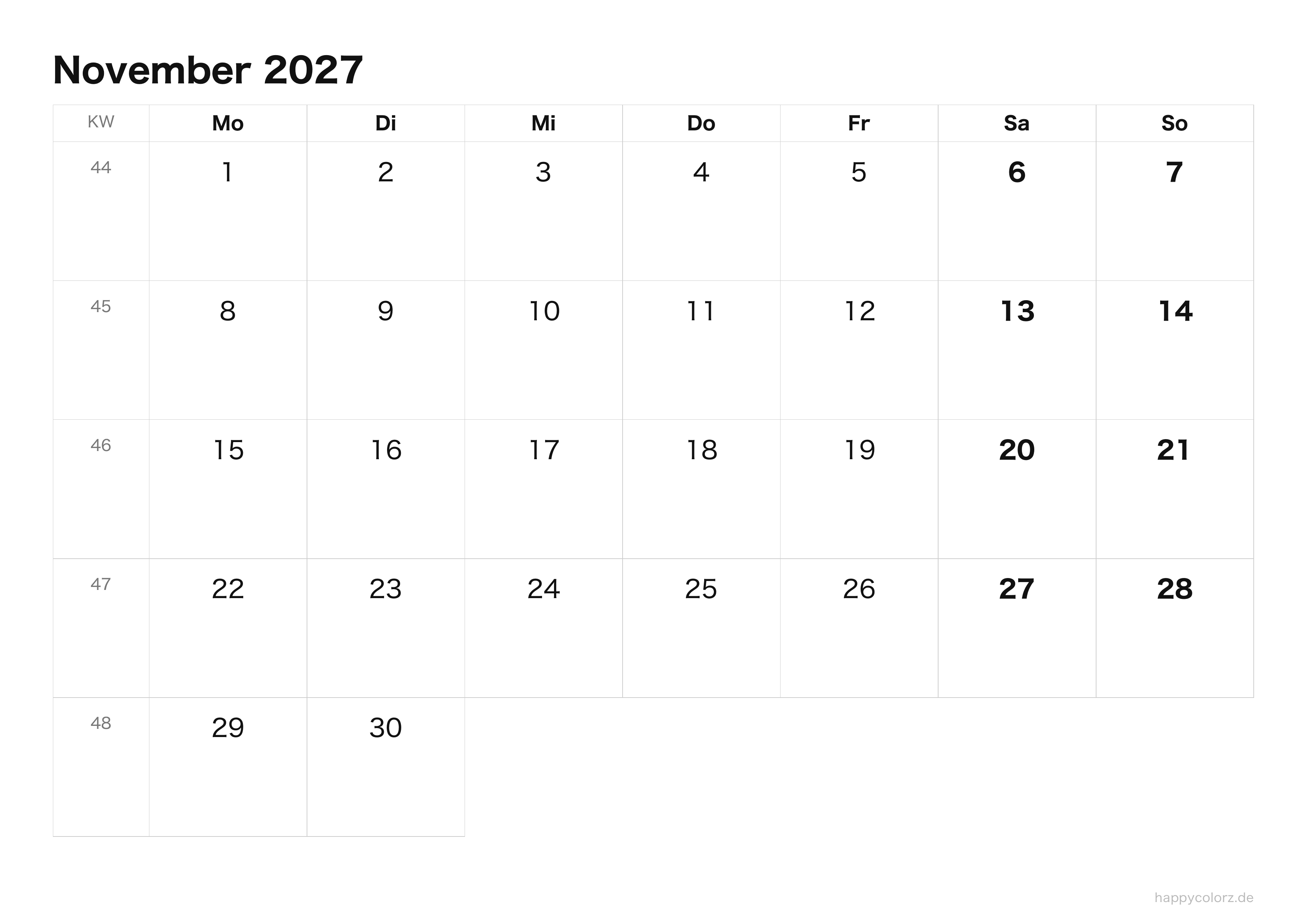 Kalender November 2027 klar & minimal · Querformat, PDF zum Ausdrucken