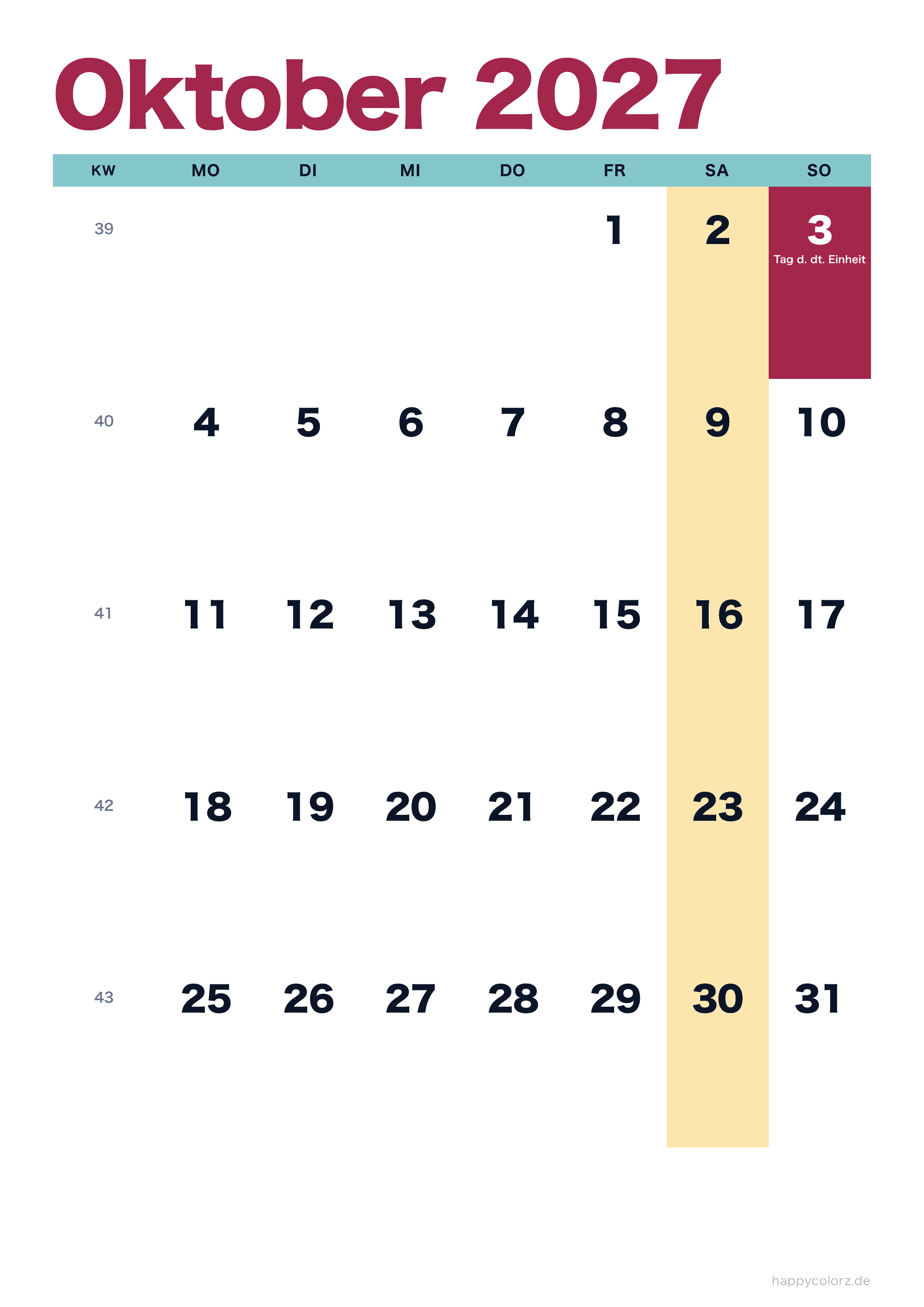 Kalender Oktober 2027 bunt & modern, PDF zum Ausdrucken