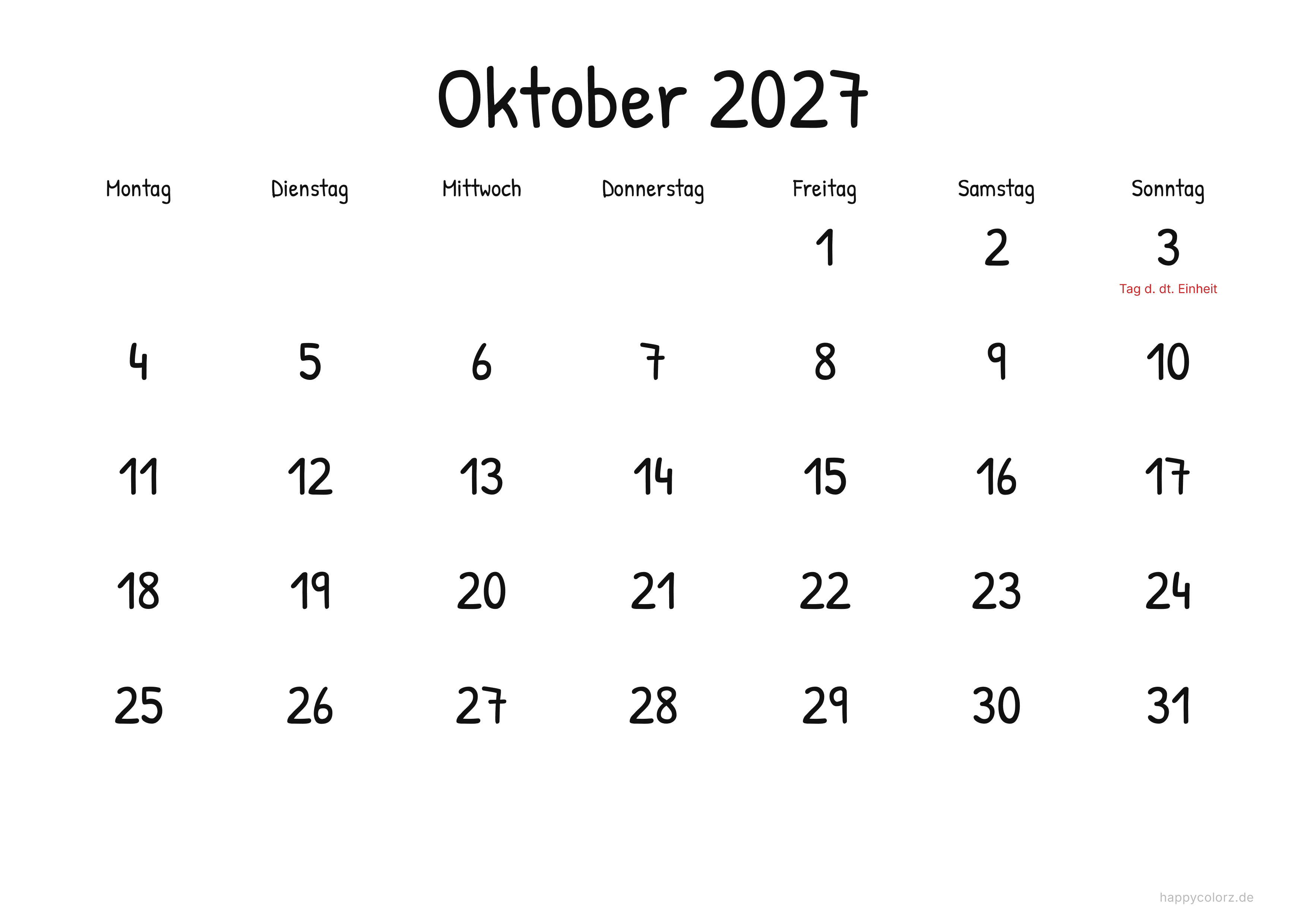 Kalender Oktober 2027 Display, PDF zum Ausdrucken