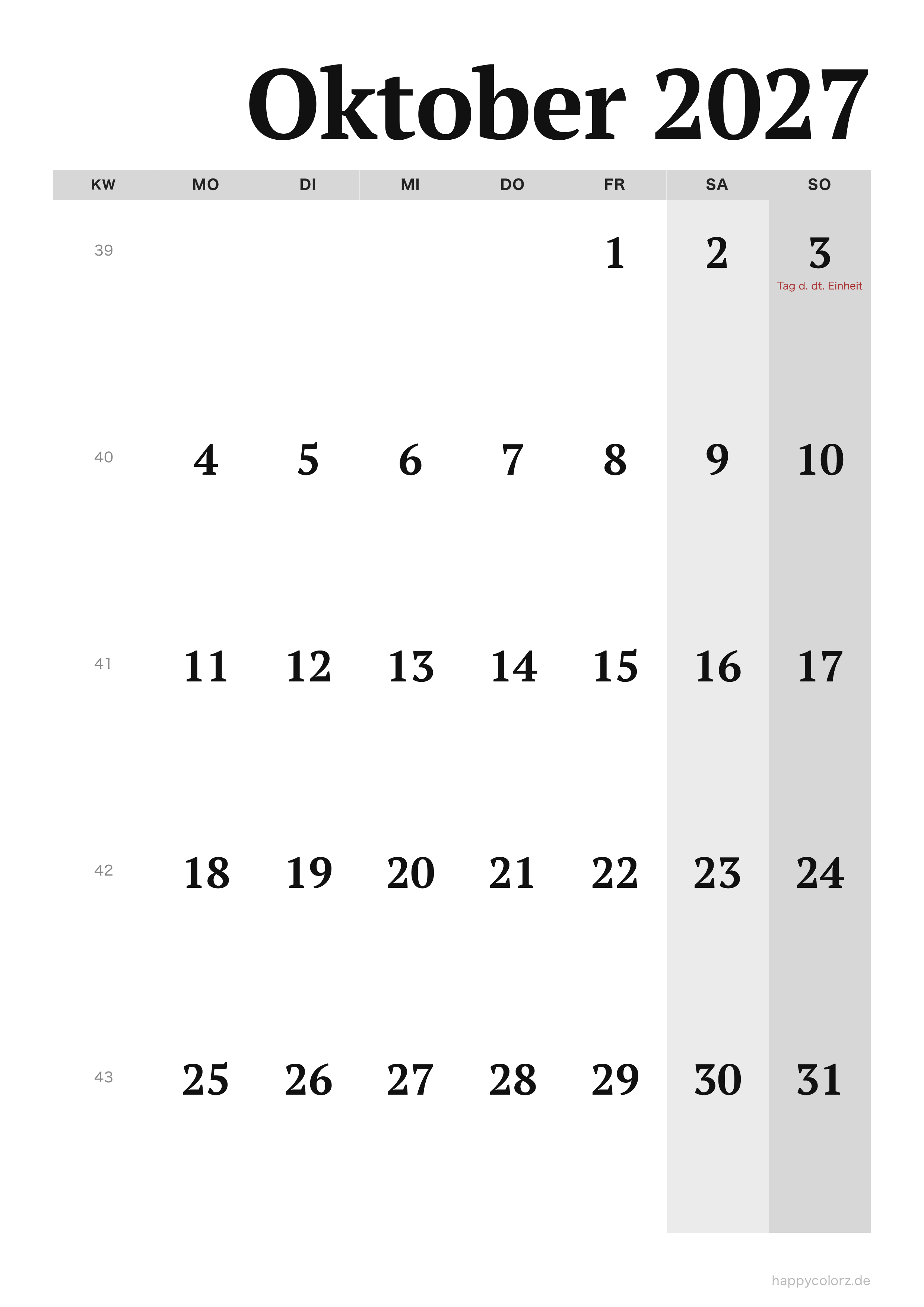Kalender Oktober 2027 Editorial, PDF zum Ausdrucken