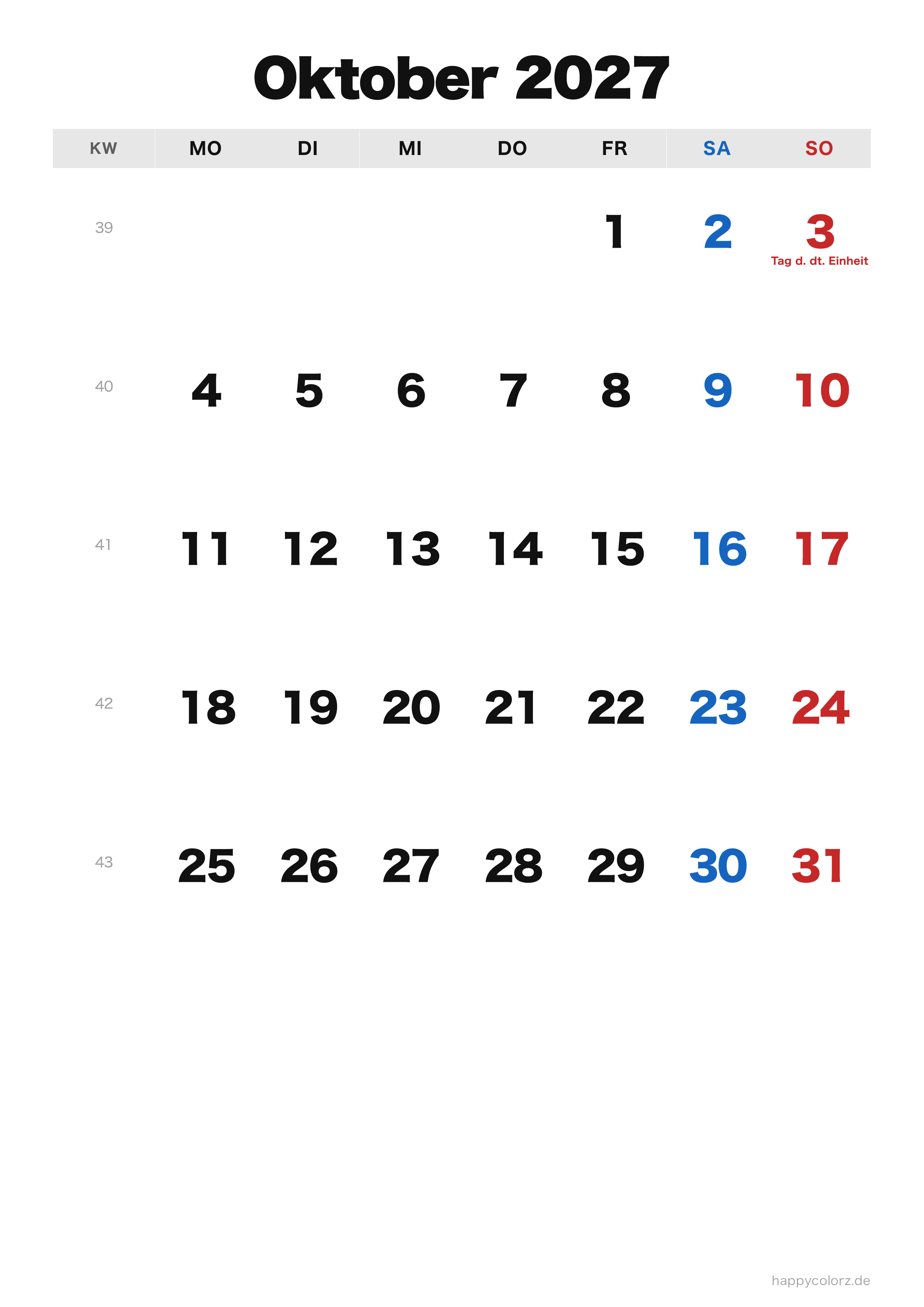 Kalender Oktober 2027 klassisch, PDF zum Ausdrucken