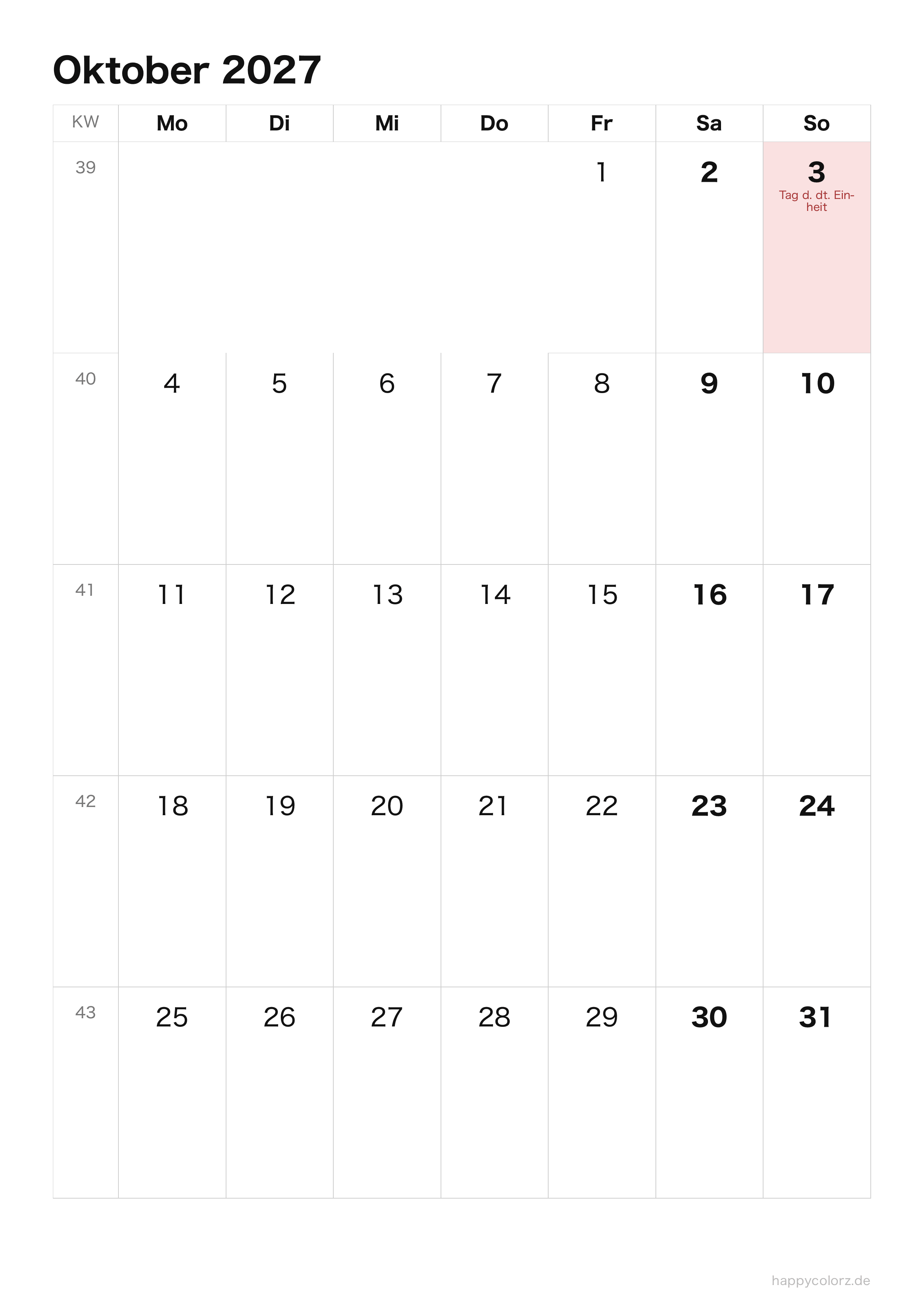 Kalender Oktober 2027 klar & minimal · Hochformat, PDF zum Ausdrucken