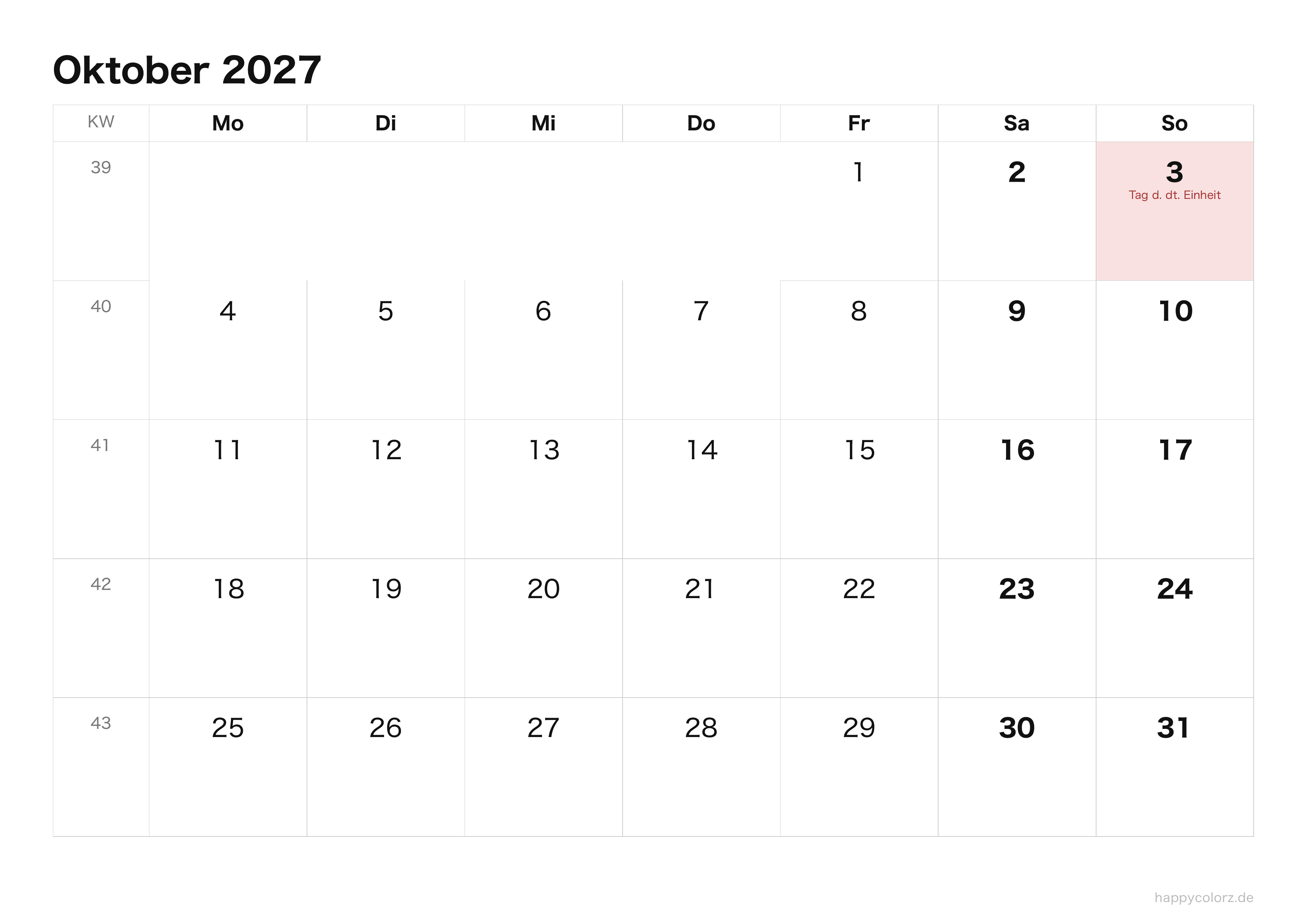 Kalender Oktober 2027 klar & minimal · Querformat, PDF zum Ausdrucken