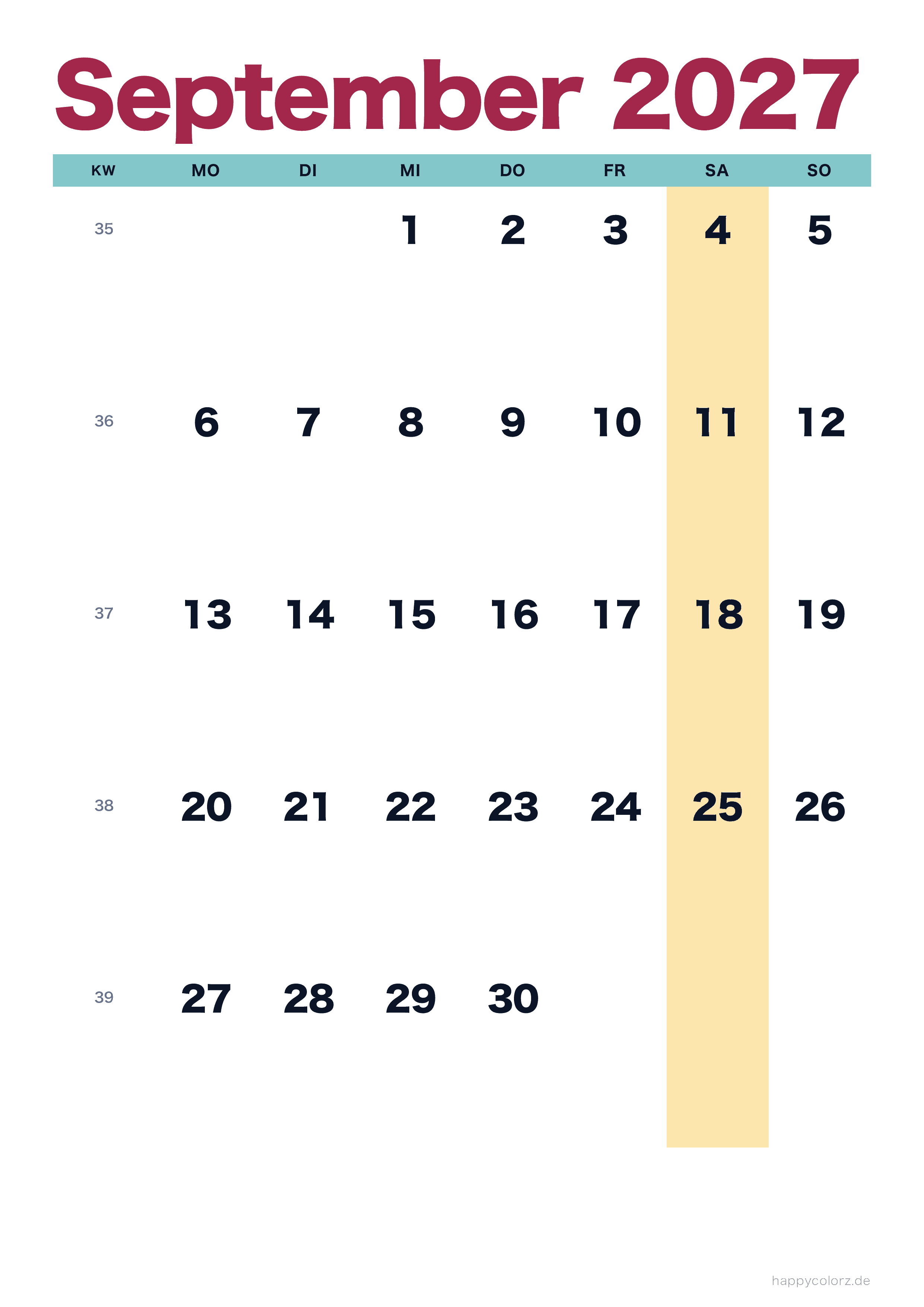 Kalender September 2027 bunt & modern, PDF zum Ausdrucken