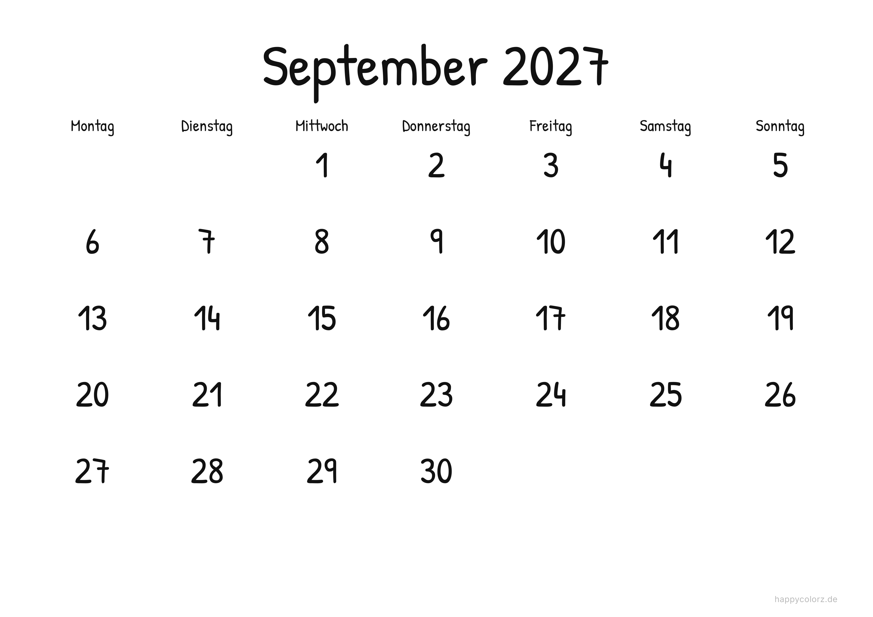 Kalender September 2027 Display, PDF zum Ausdrucken
