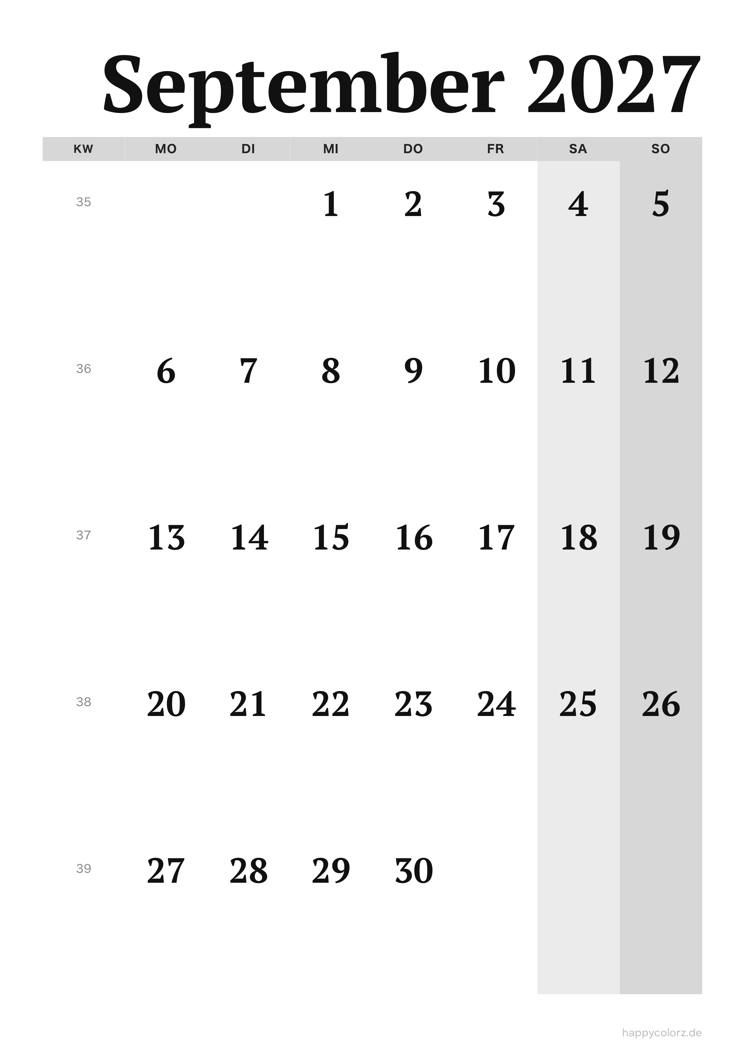 Kalender September 2027 Editorial, PDF zum Ausdrucken