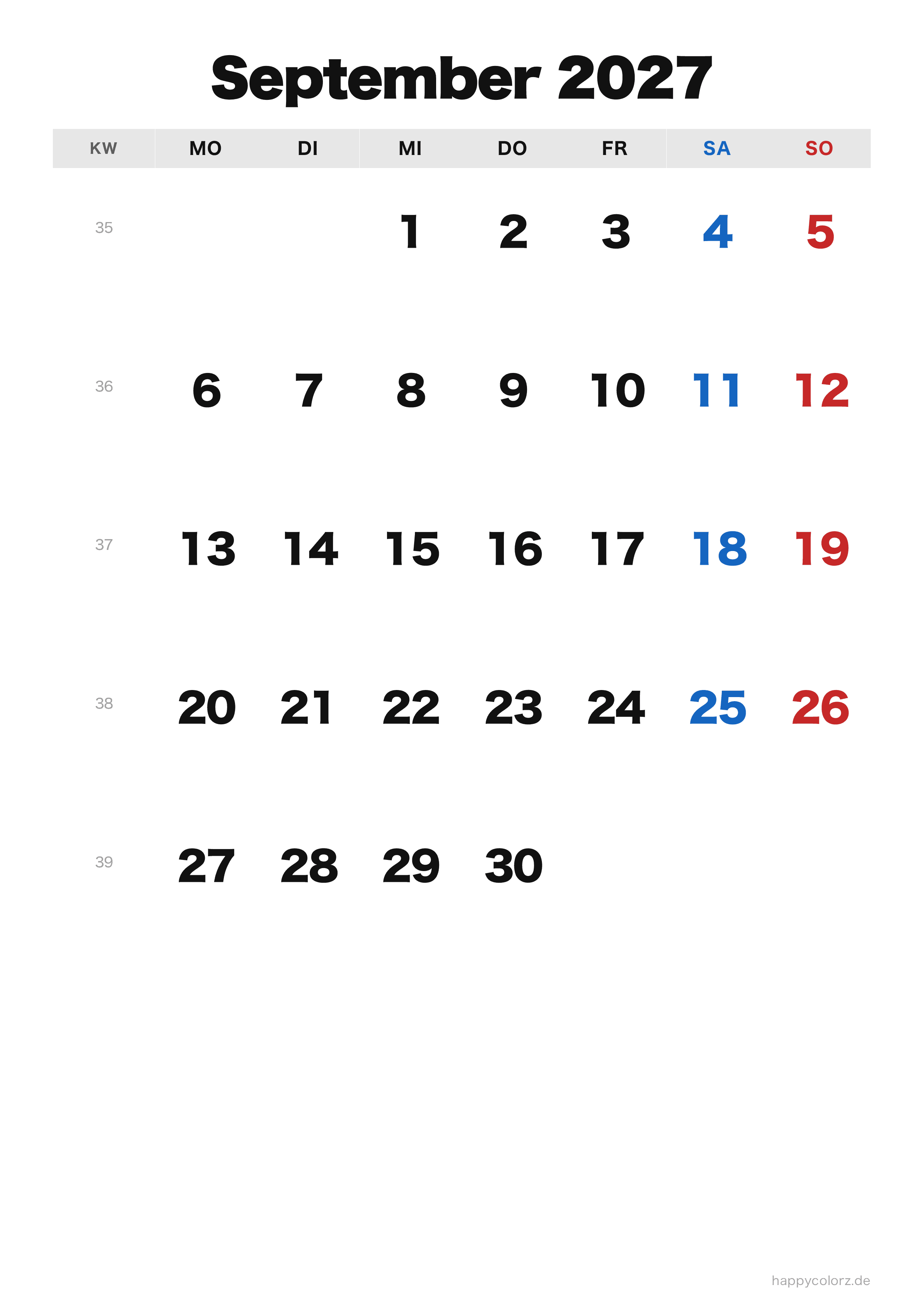 Kalender September 2027 klassisch, PDF zum Ausdrucken