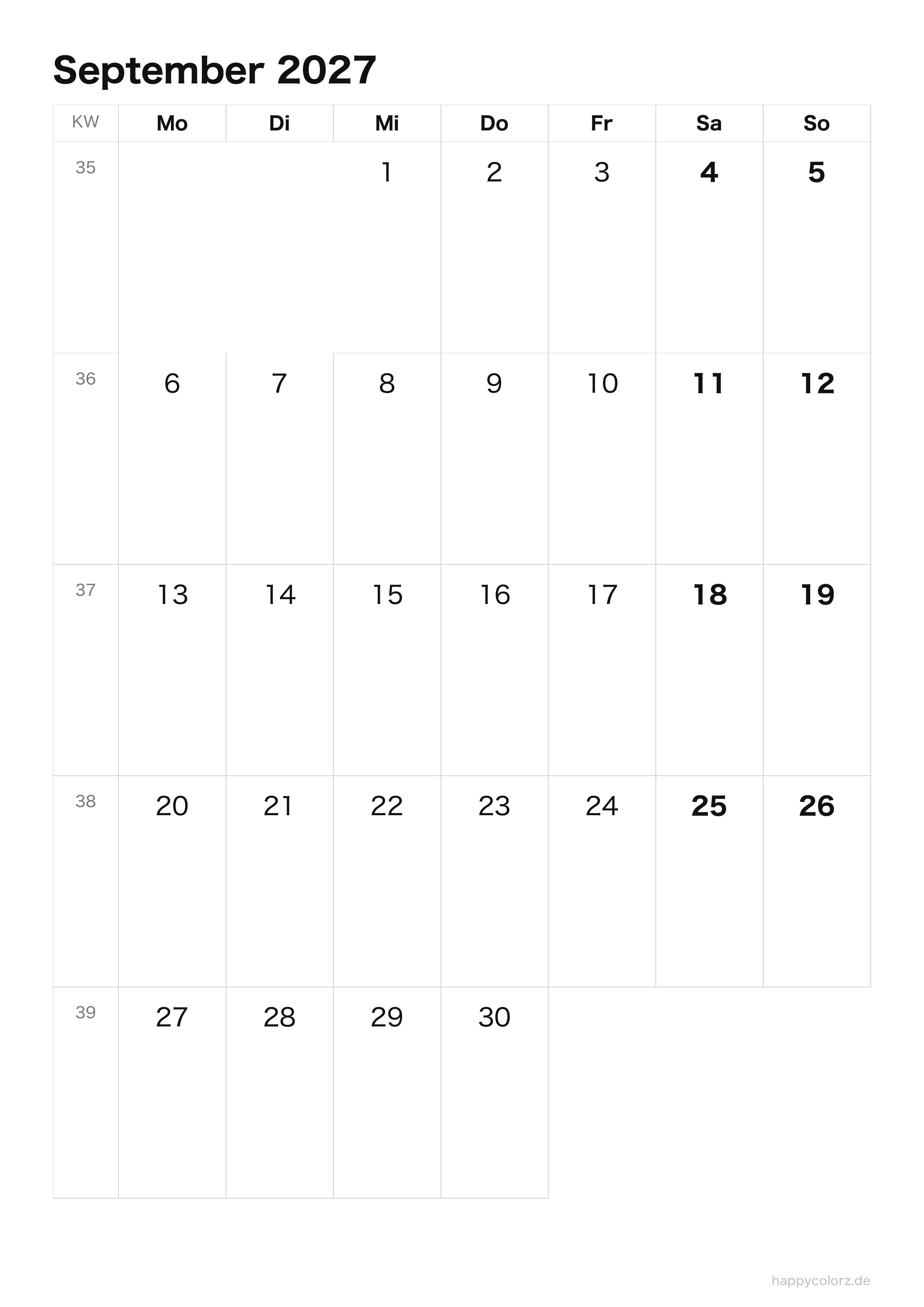 Kalender September 2027 klar & minimal · Hochformat, PDF zum Ausdrucken