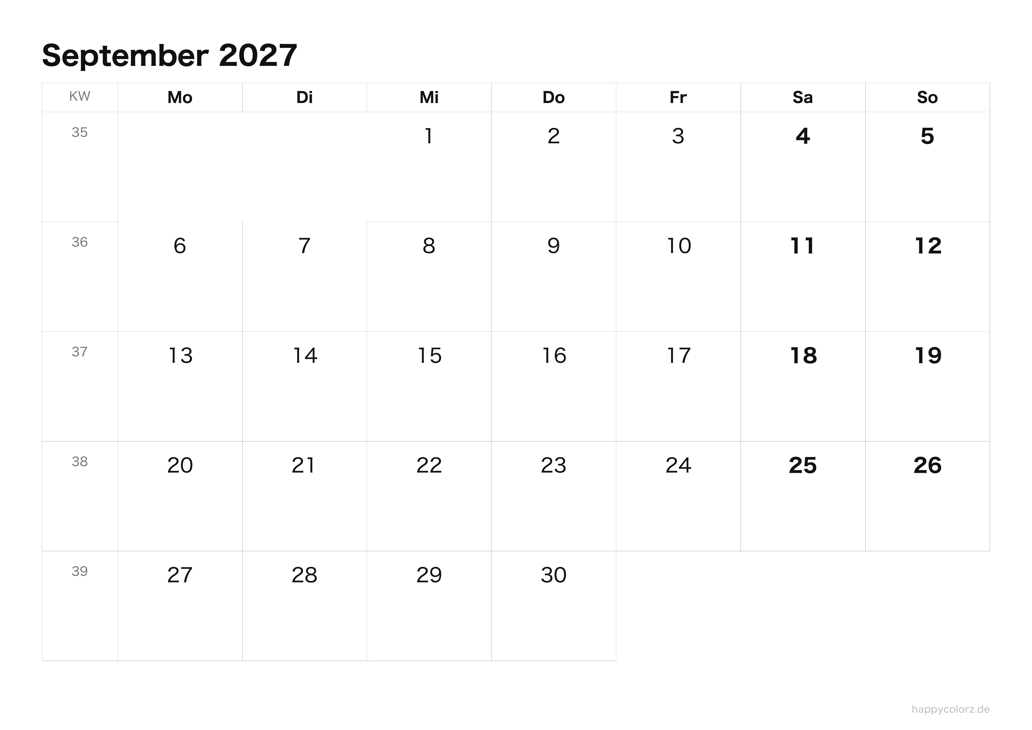 Kalender September 2027 klar & minimal · Querformat, PDF zum Ausdrucken