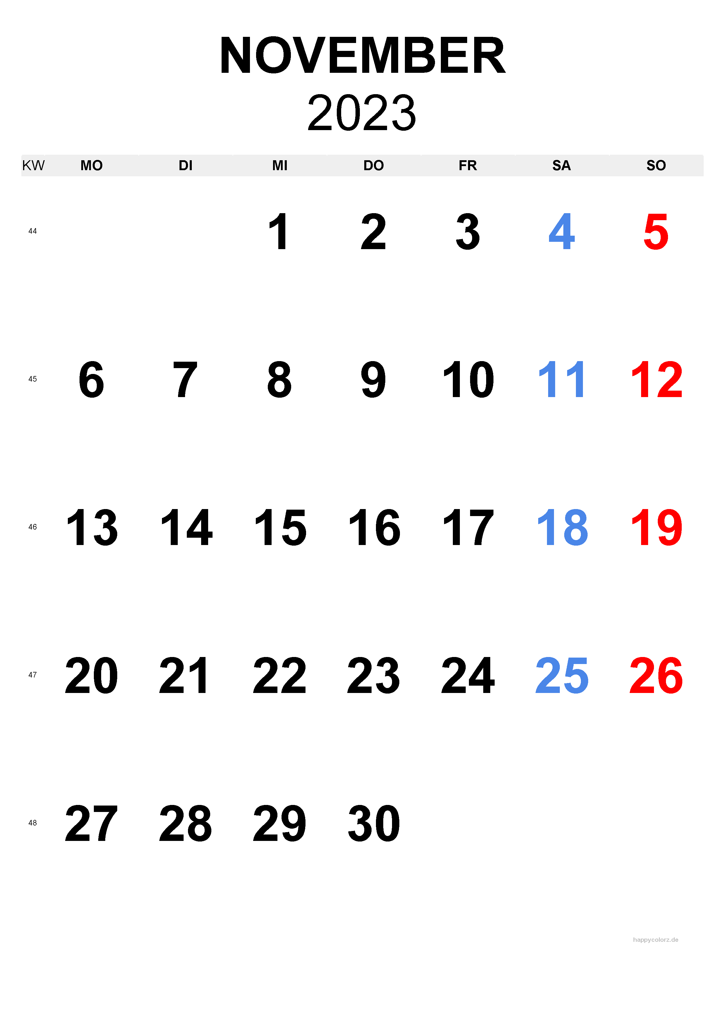 November 2023 Kalender - Hochformat, kostenlos zum Ausdrucken