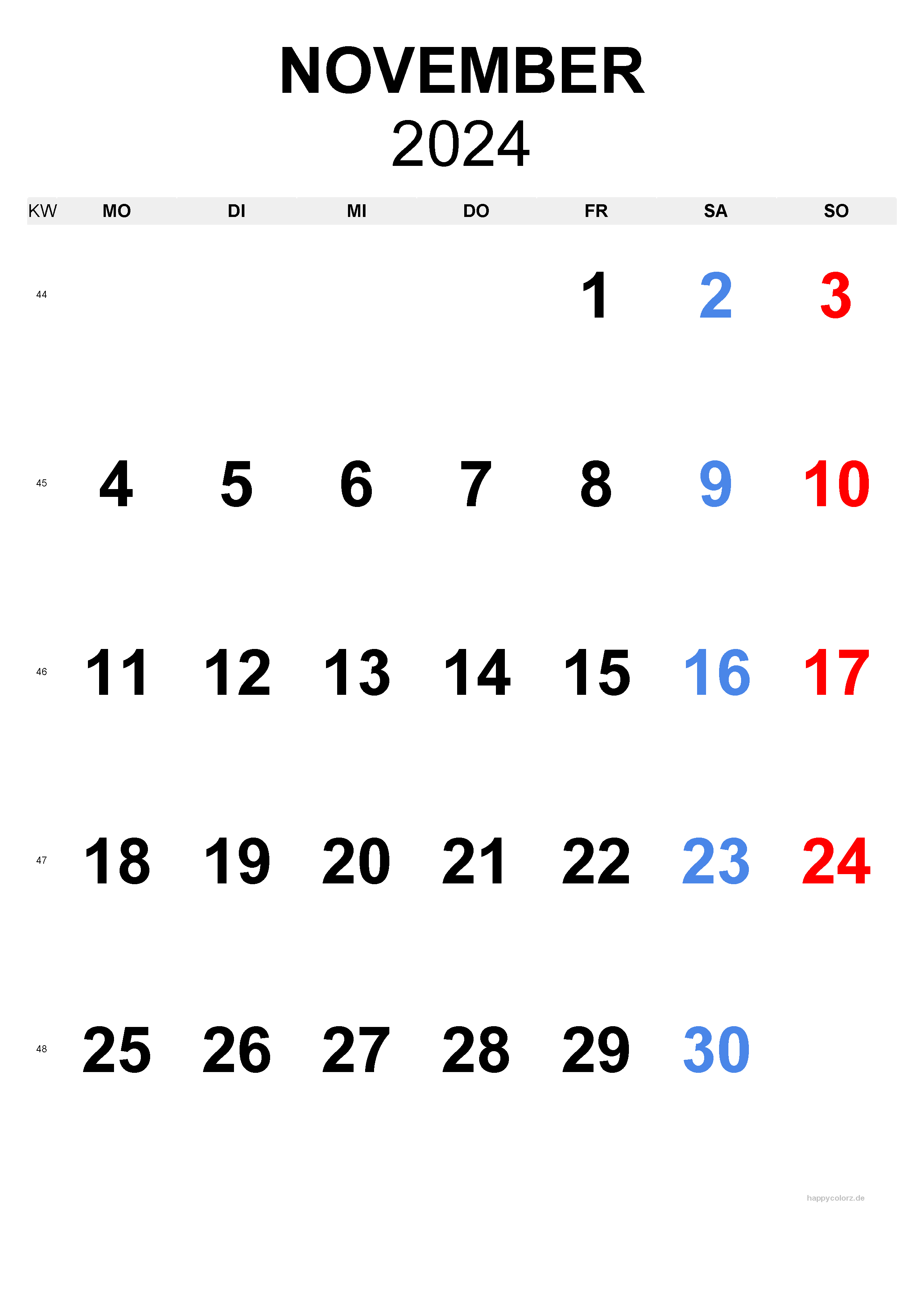 November 2024 Kalender - Hochformat, kostenlos zum Ausdrucken