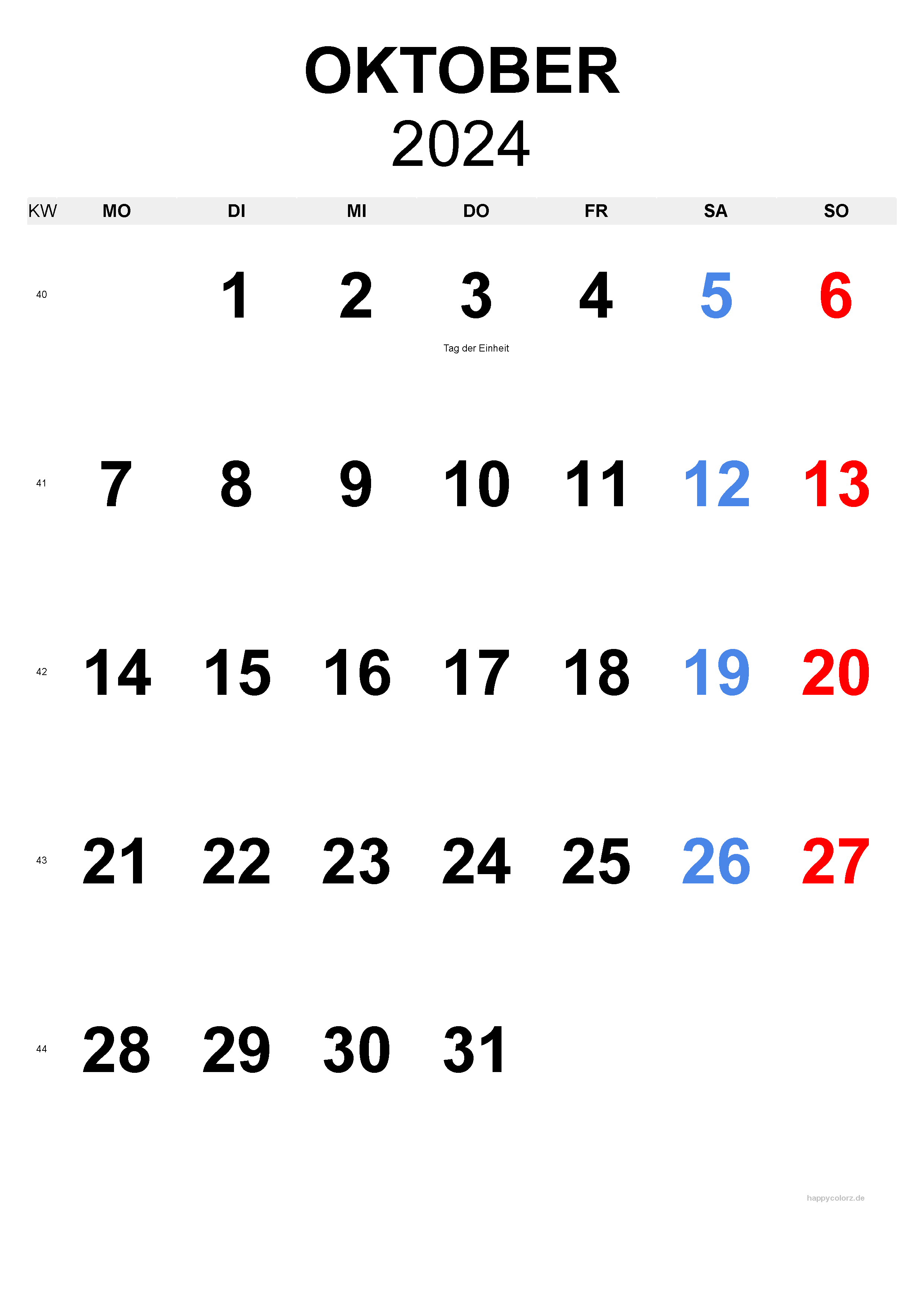 Oktober 2024 Kalender - Hochformat, kostenlos zum Ausdrucken