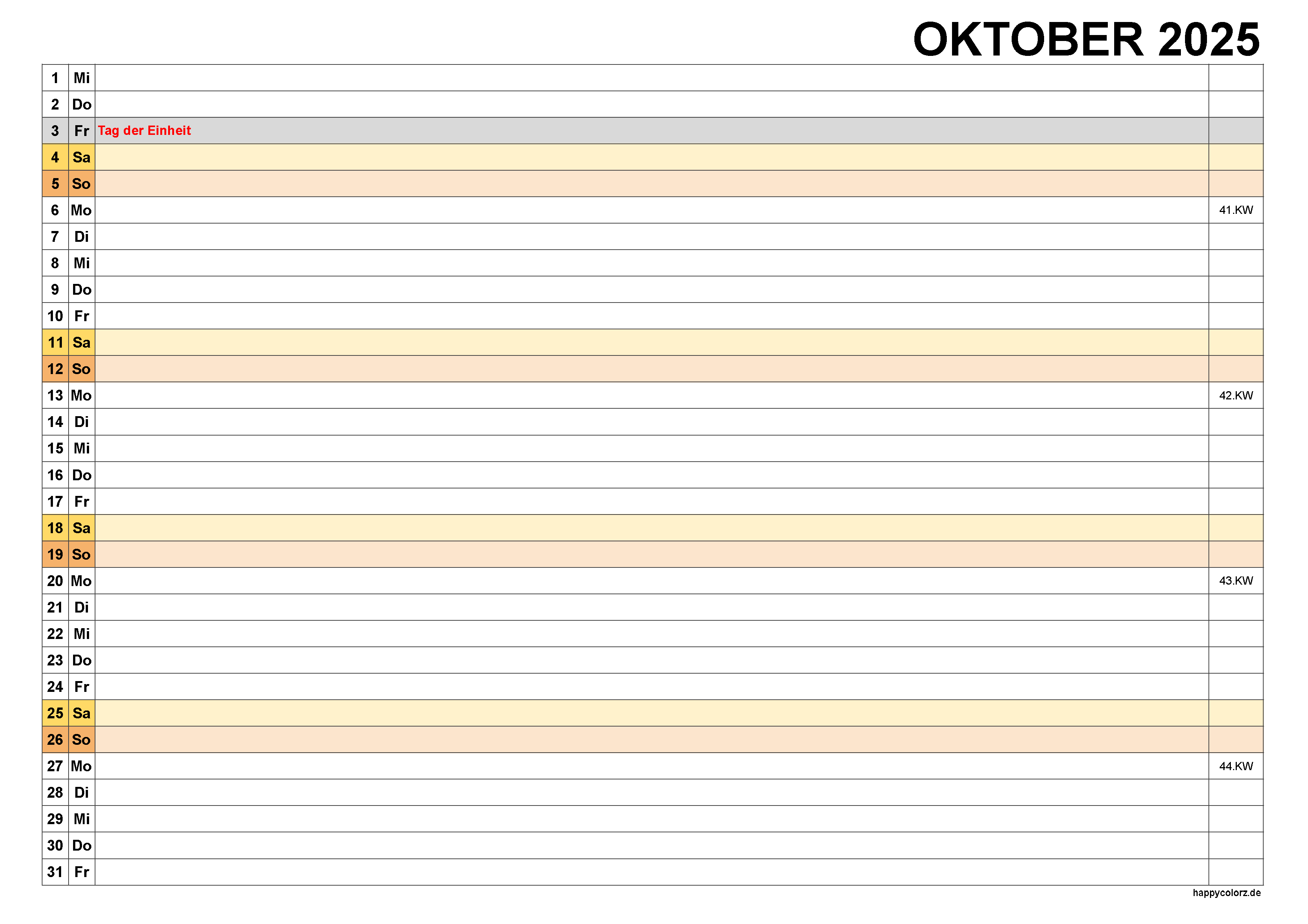 Kalender Oktober 2025, kostenloser Planer pdf